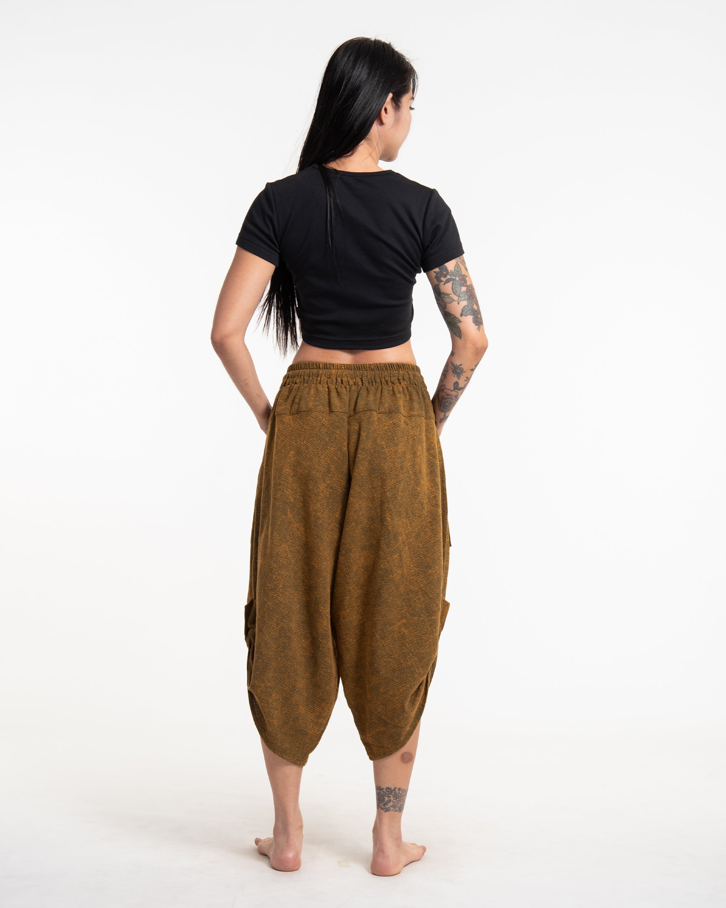 Stone Washed Large Pockets Women's Harem Pants in Brown Gold