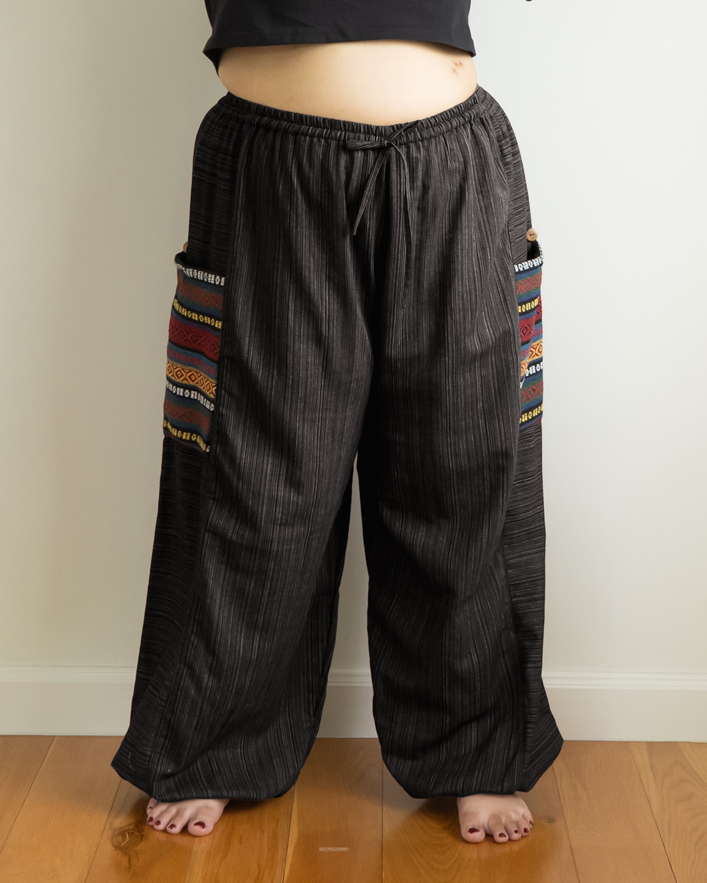 Plus Size Women's Drawstring Pinstripes Cotton Pants with Aztec Pocket in Black