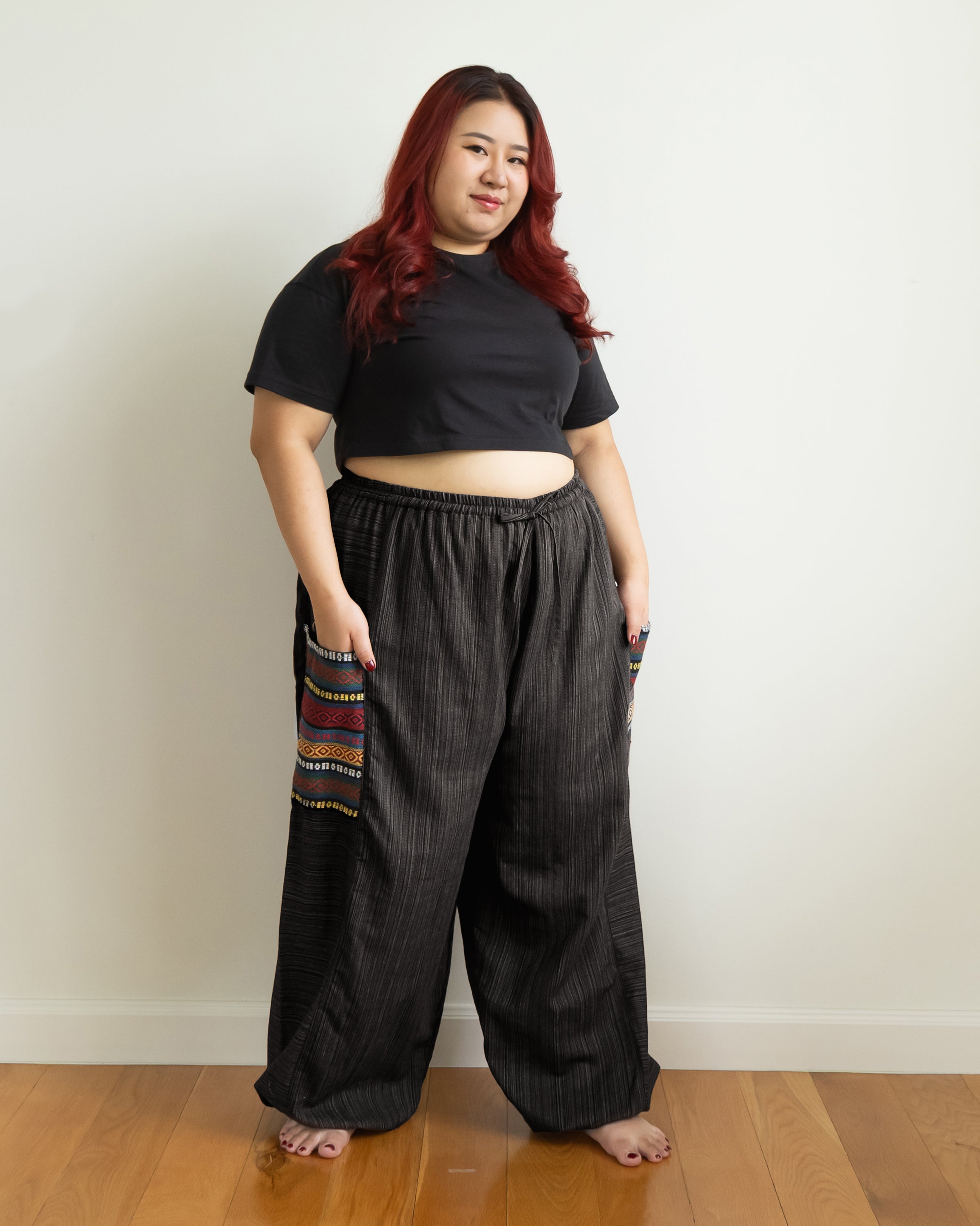 Plus Size Women's Drawstring Pinstripes Cotton Pants with Aztec Pocket