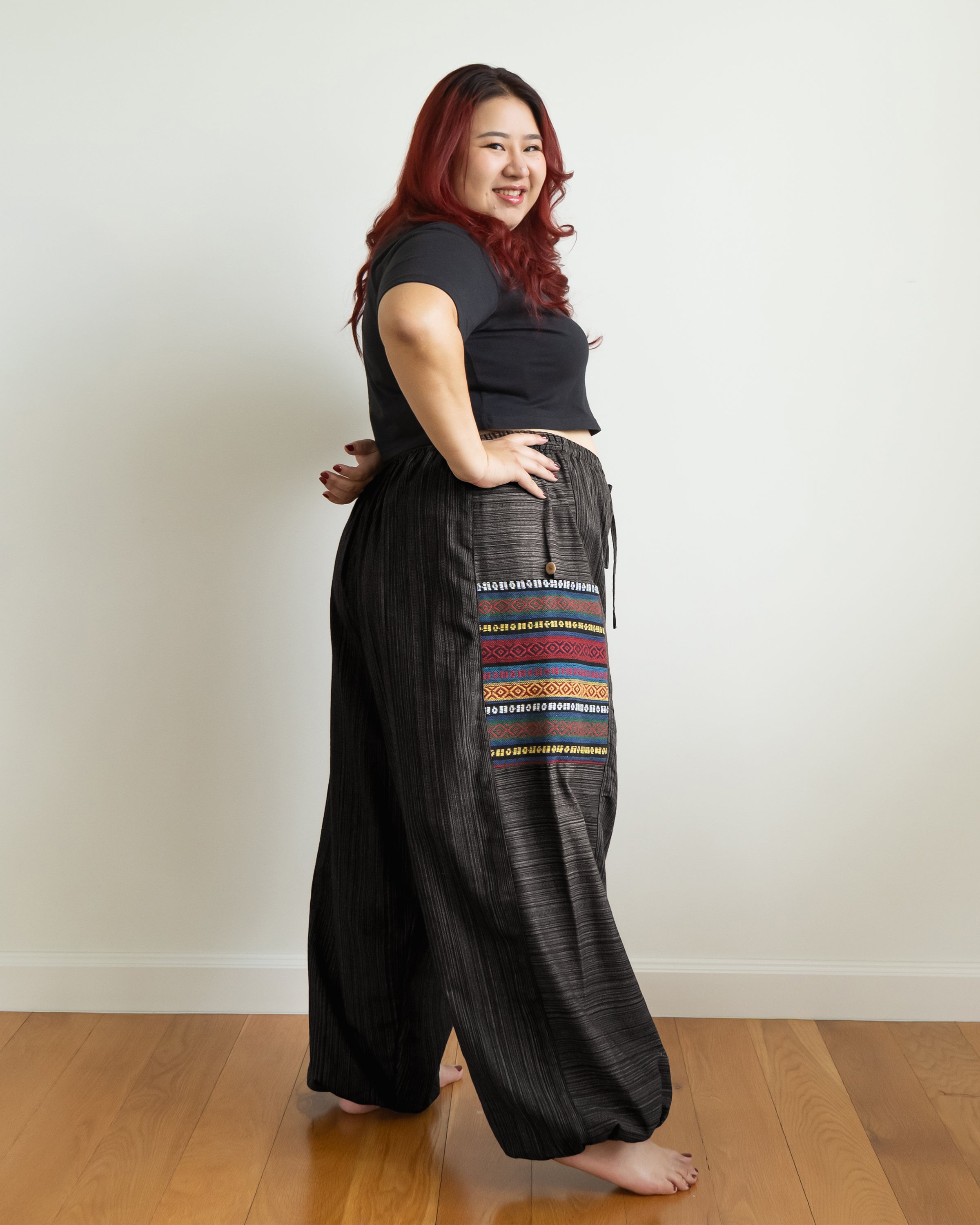Plus Size Women's Drawstring Pinstripes Cotton Pants with Aztec Pocket in Black