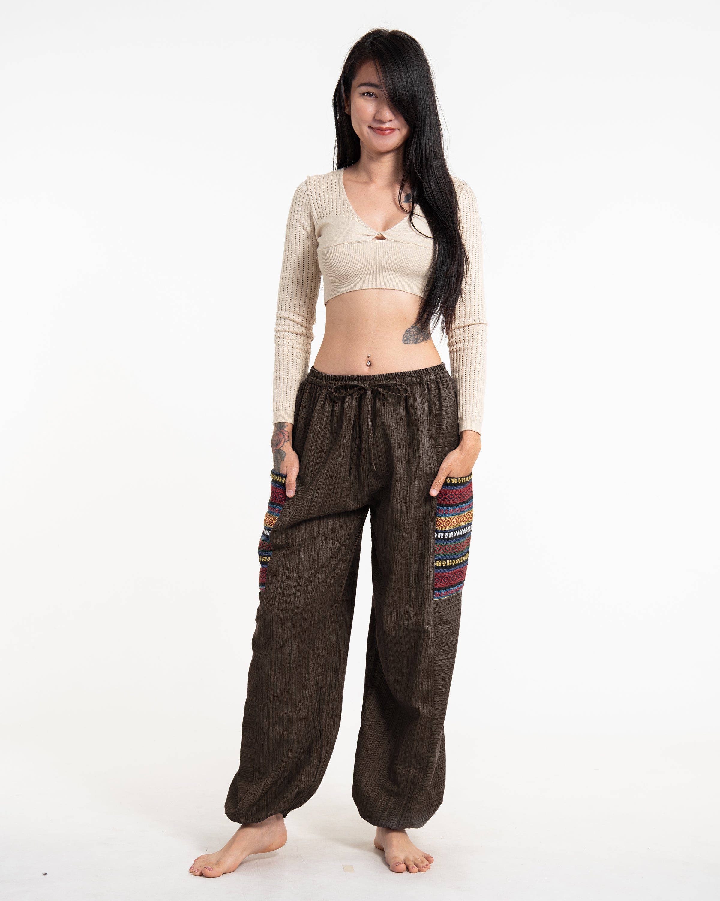 Women's Drawstring Pinstripes Cotton Pants with Aztec Pocket in Brown