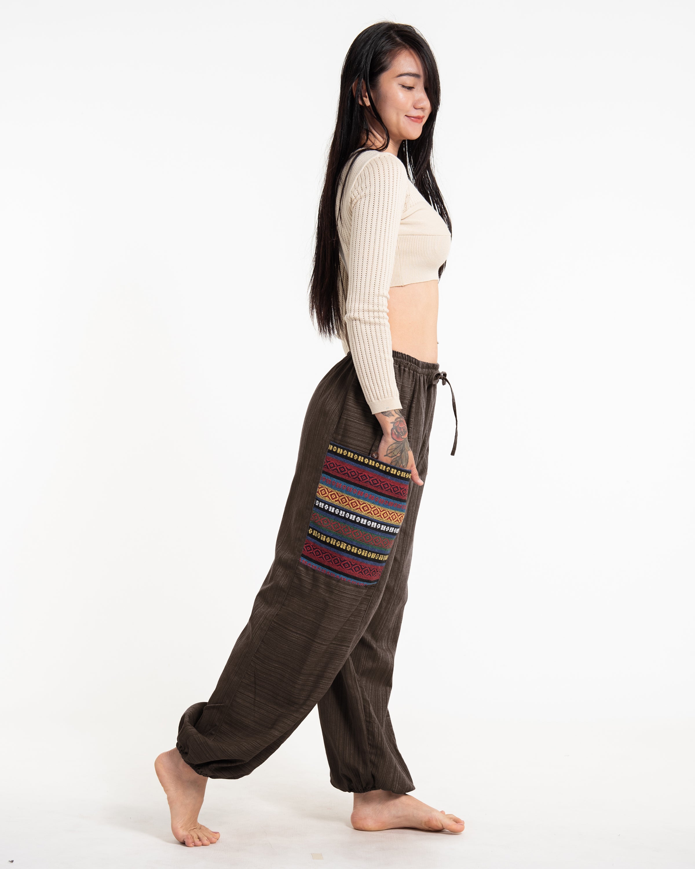 Women's Drawstring Pinstripes Cotton Pants with Aztec Pocket in Brown