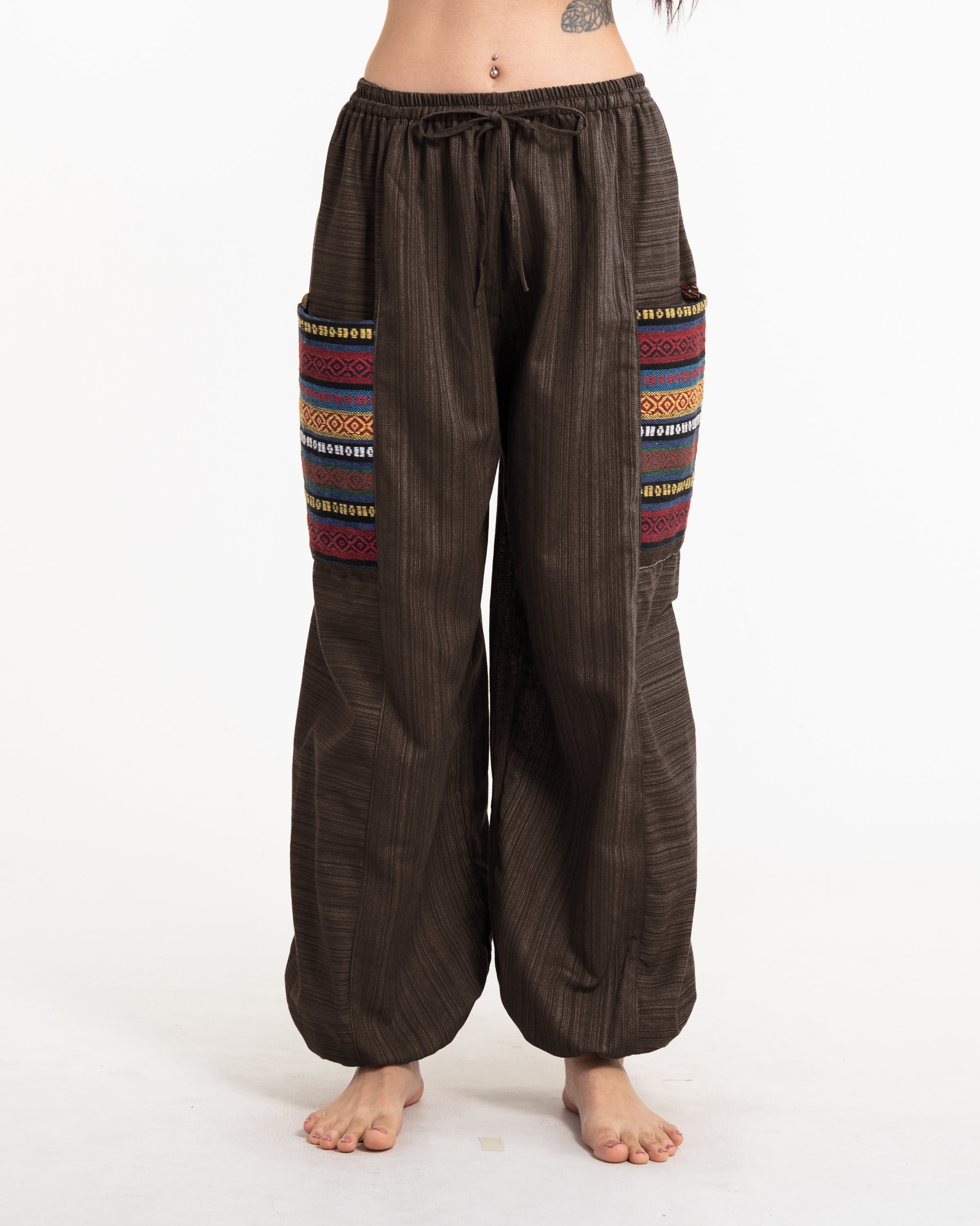 Women's Drawstring Pinstripes Cotton Pants with Aztec Pocket in Brown
