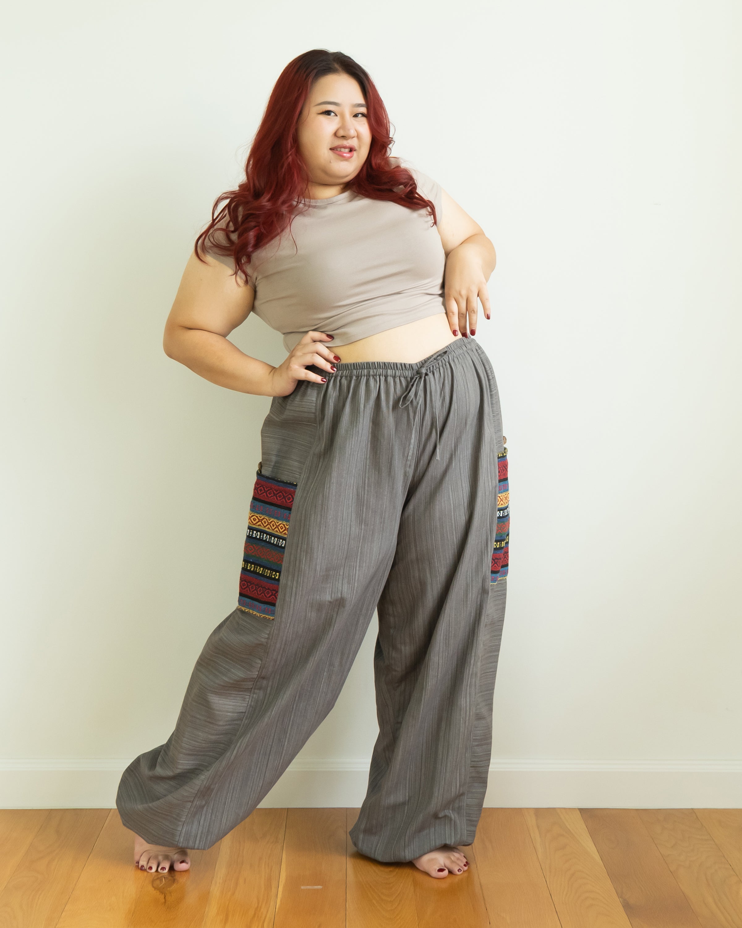 Plus Size Women's Drawstring Pinstripes Cotton Pants with Aztec Pocket in Gray