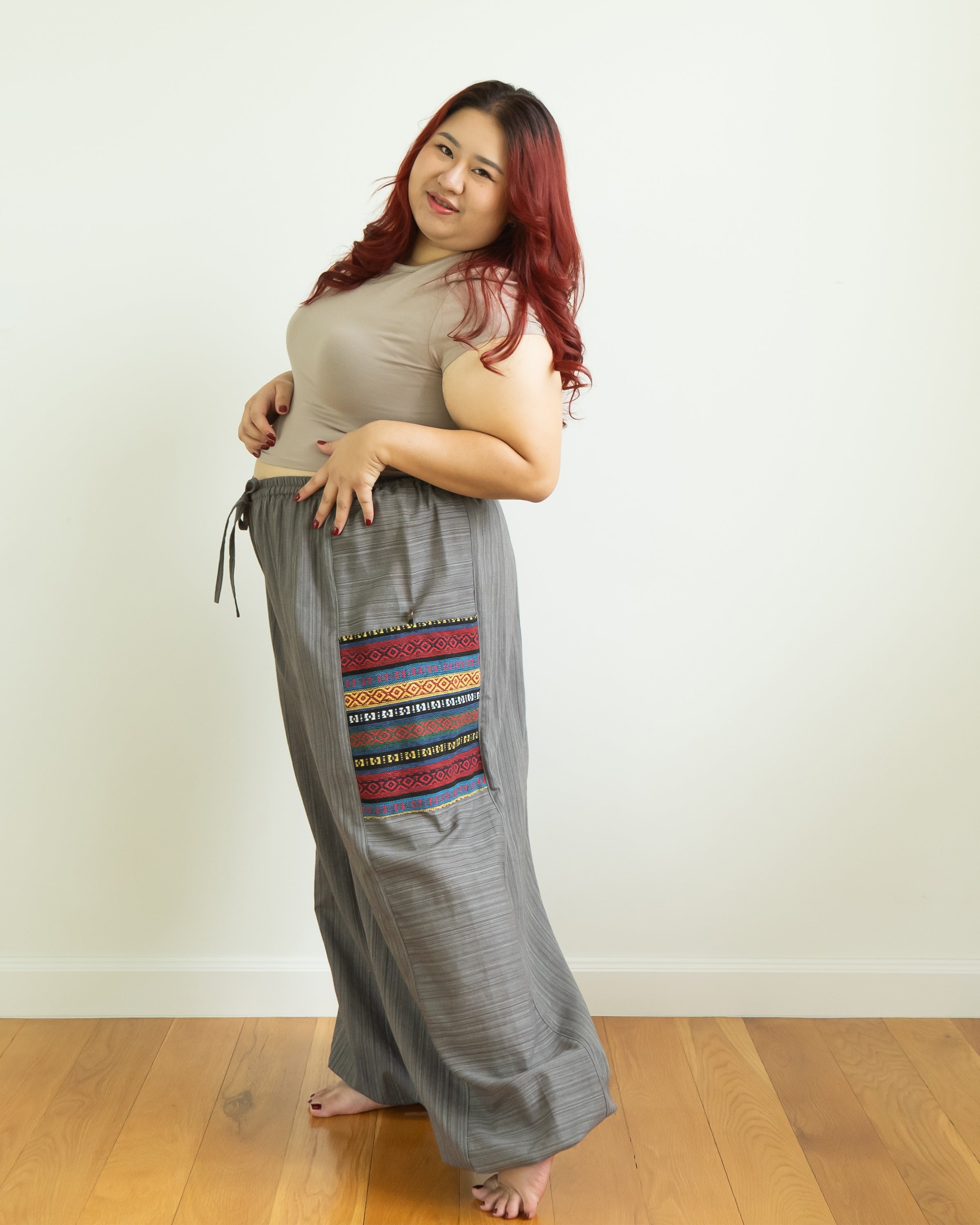 Plus Size Women's Drawstring Pinstripes Cotton Pants with Aztec Pocket in Gray