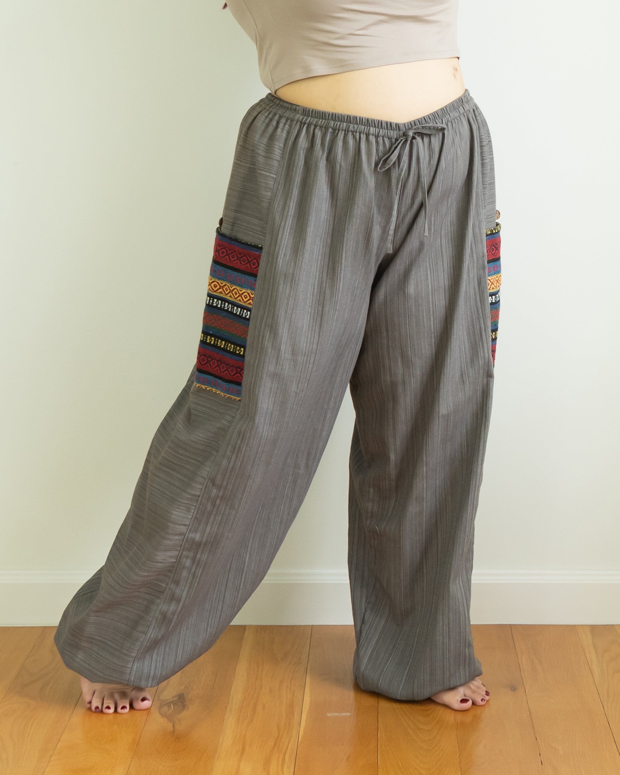 Plus Size Women's Drawstring Pinstripes Cotton Pants with Aztec Pocket in Gray