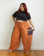 Plus Size Women's Drawstring Pinstripes Cotton Pants with Aztec Pocket in Orange