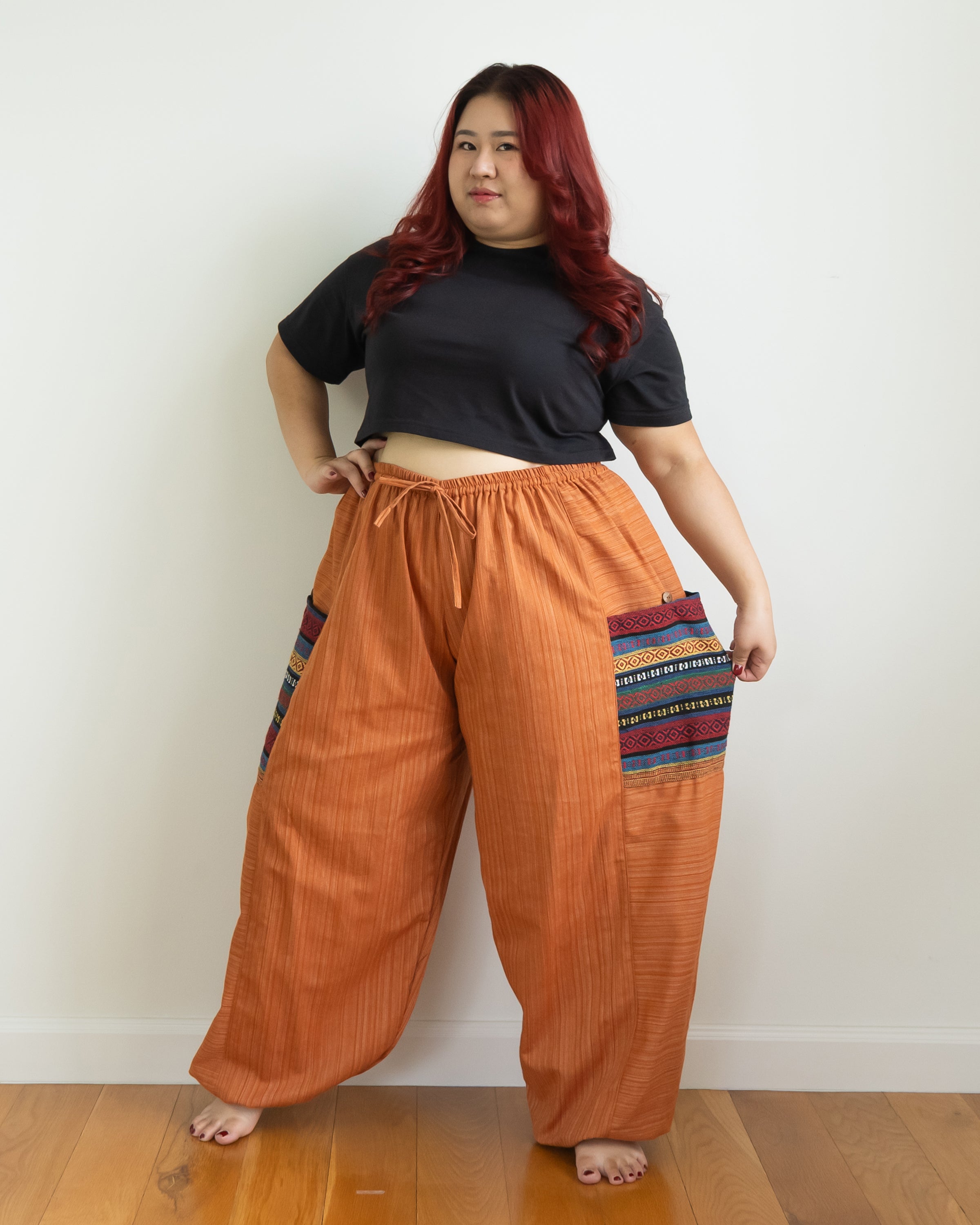 Plus Size Women's Drawstring Pinstripes Cotton Pants with Aztec Pocket in Orange