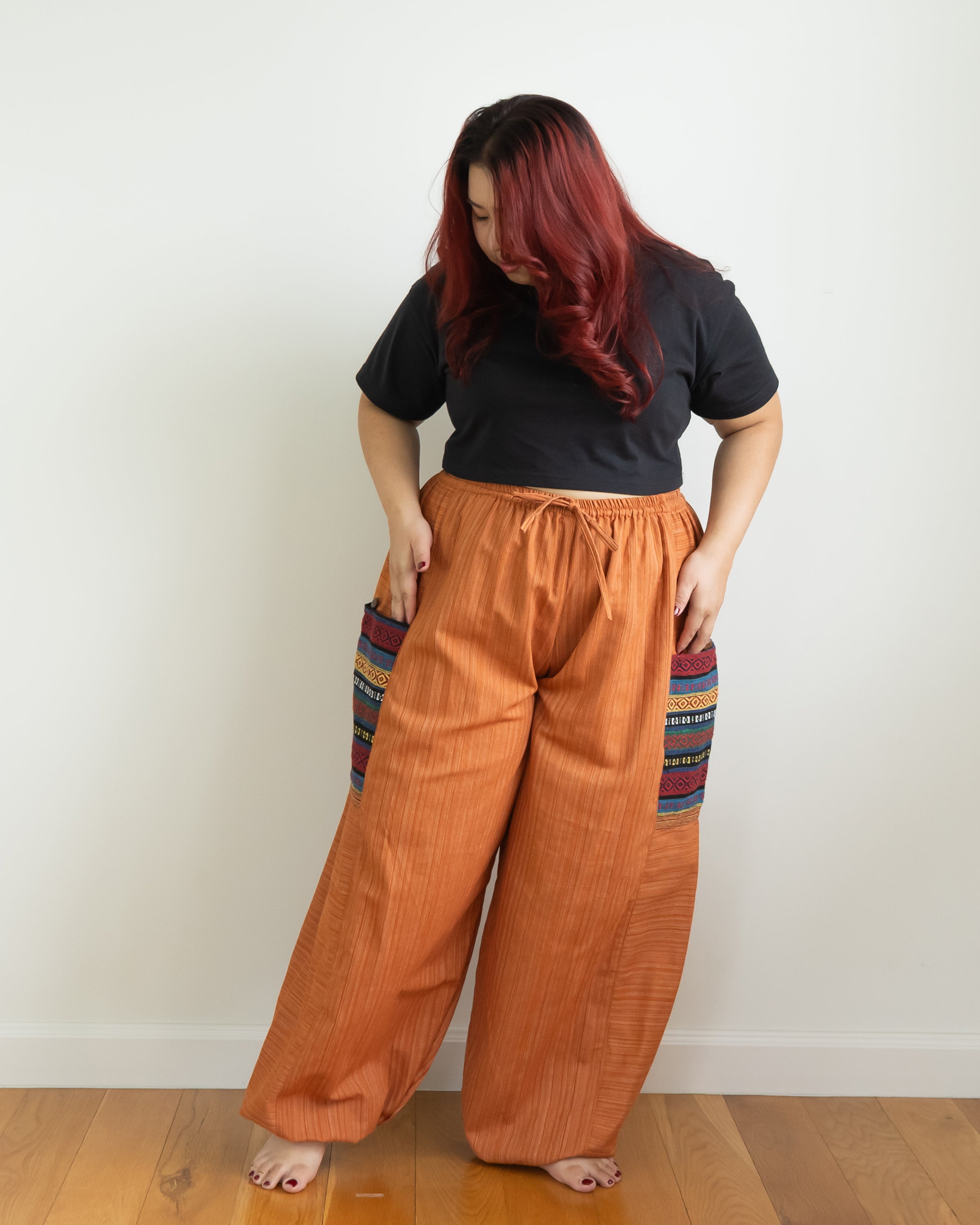 Plus Size Women's Drawstring Pinstripes Cotton Pants with Aztec Pocket in Orange