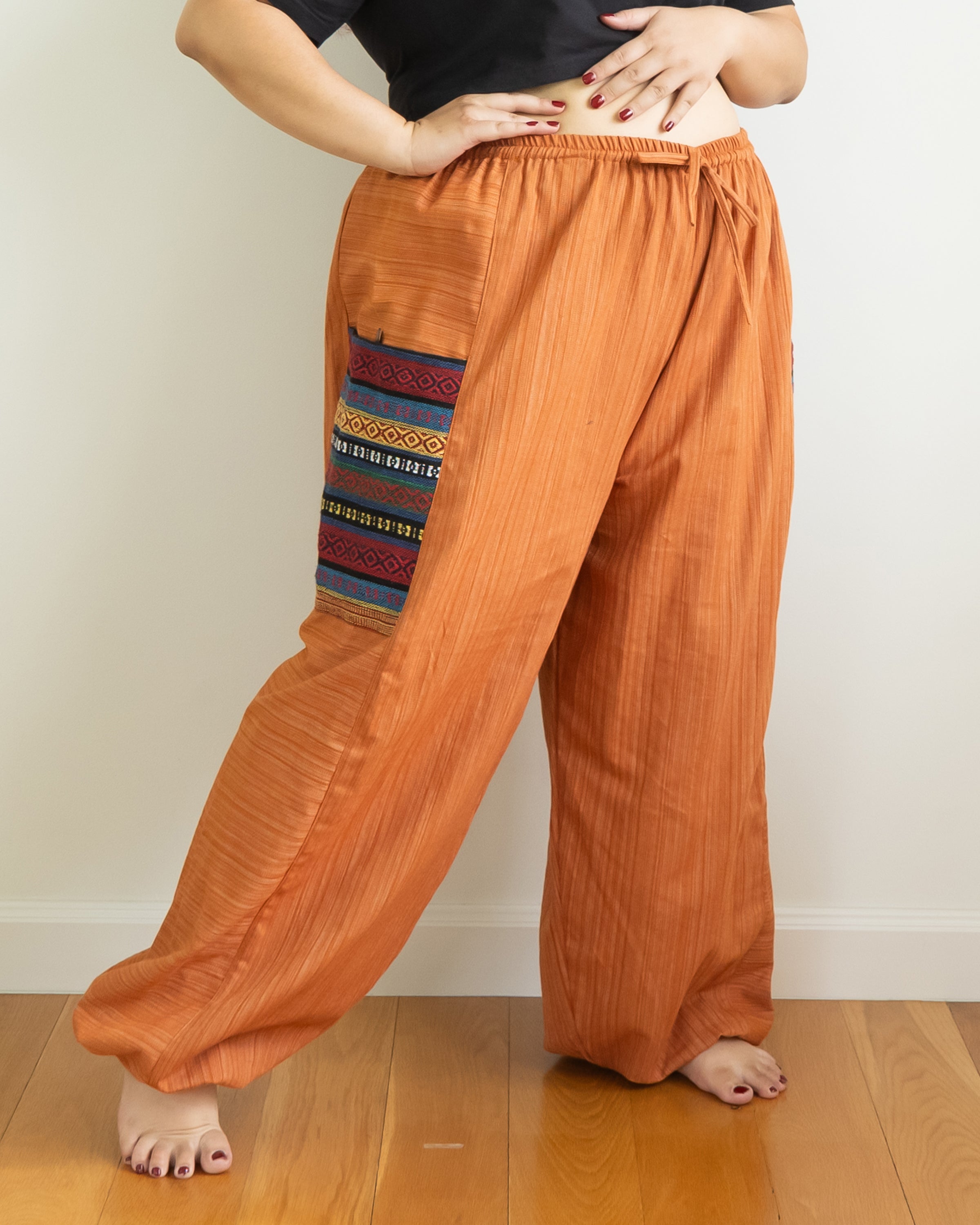 Plus Size Women's Drawstring Pinstripes Cotton Pants with Aztec Pocket in Orange