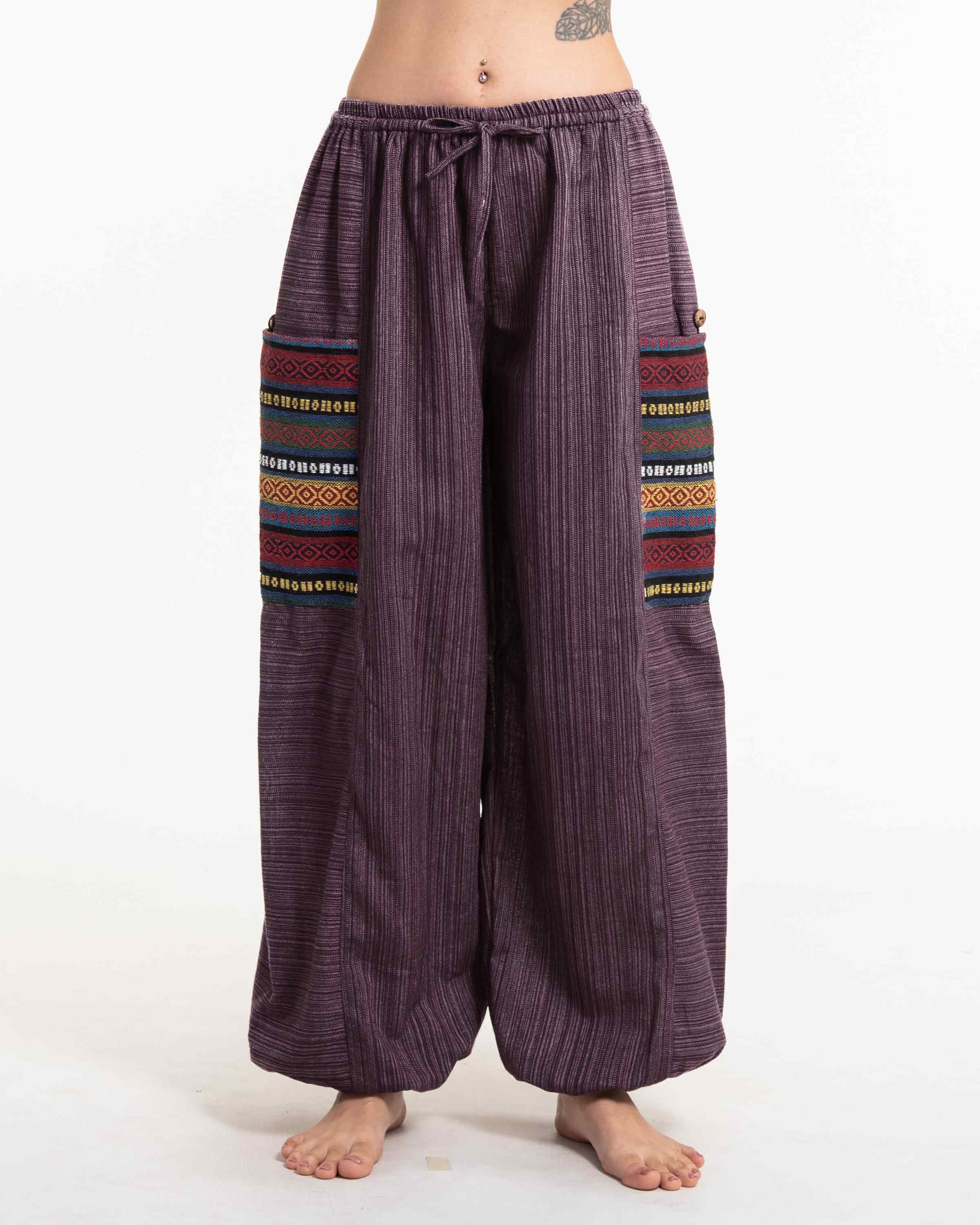 Women's Drawstring Pinstripes Cotton Pants with Aztec Pocket in Purple