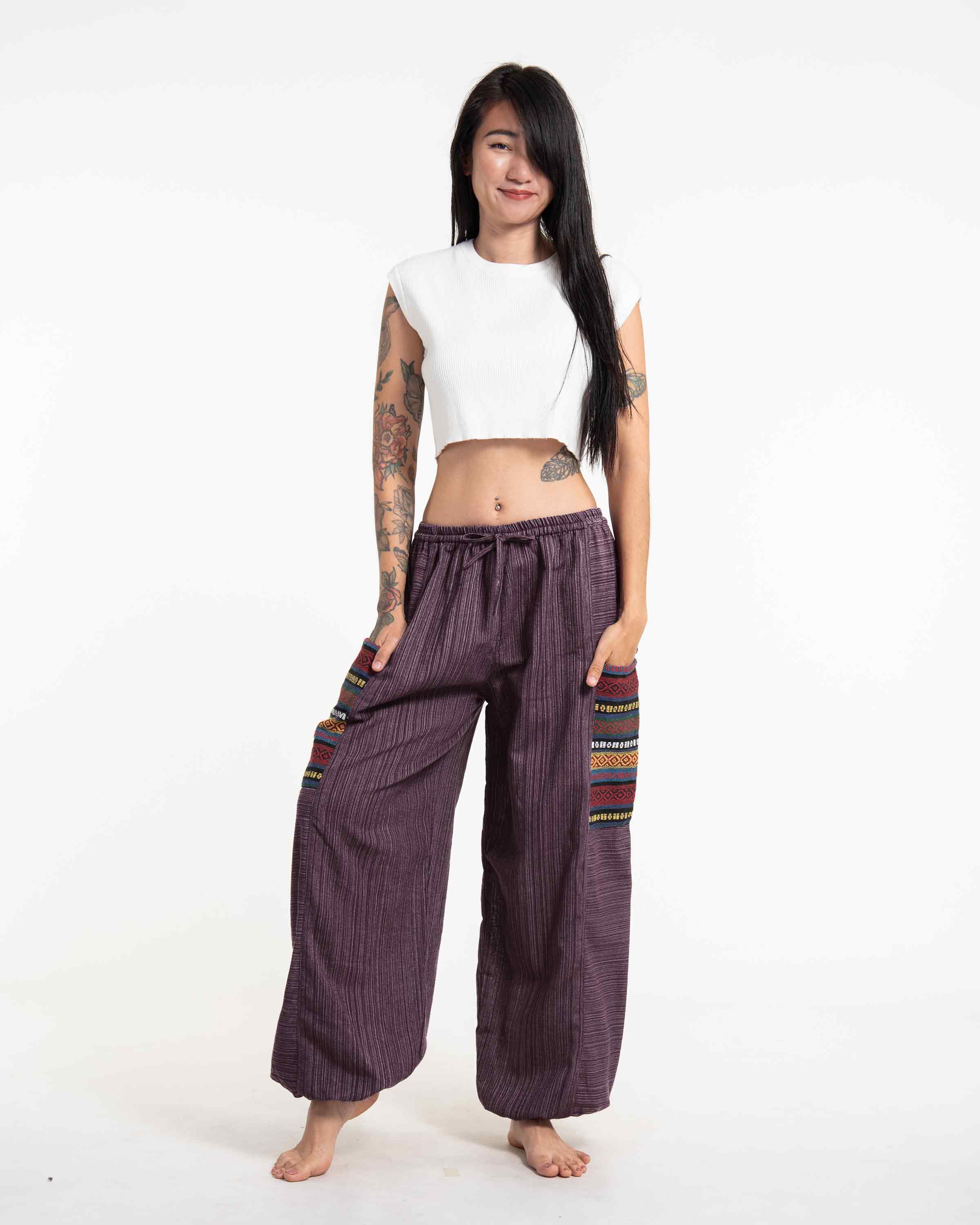 Women's Drawstring Pinstripes Cotton Pants with Aztec Pocket in Purple
