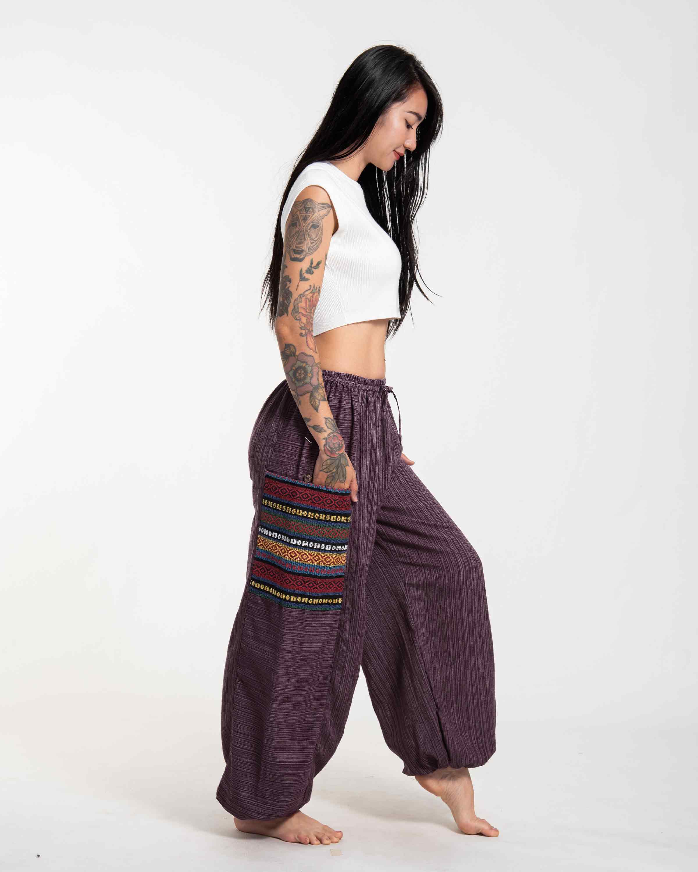 Women's Drawstring Pinstripes Cotton Pants with Aztec Pocket in Purple
