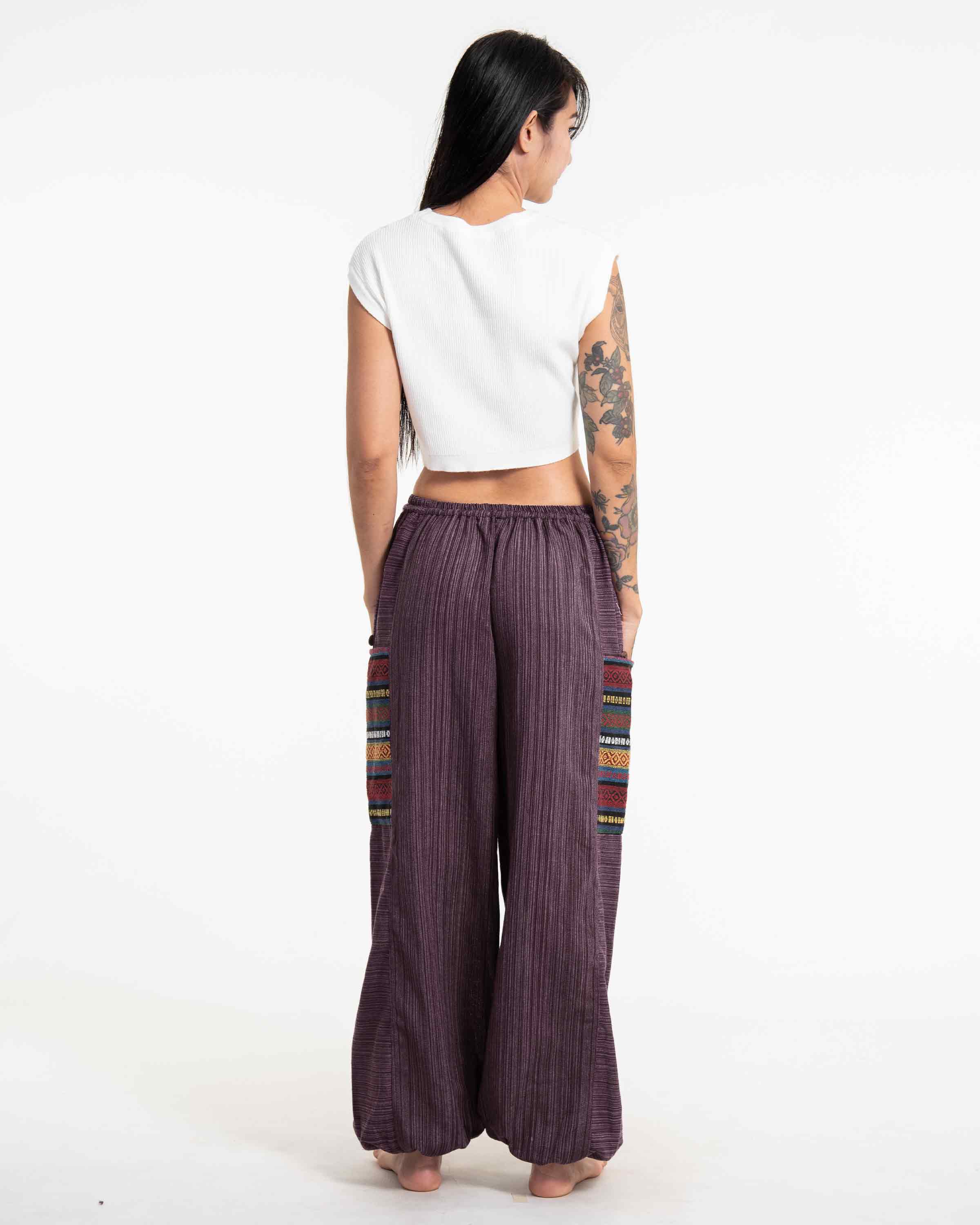 Women's Drawstring Pinstripes Cotton Pants with Aztec Pocket in Purple