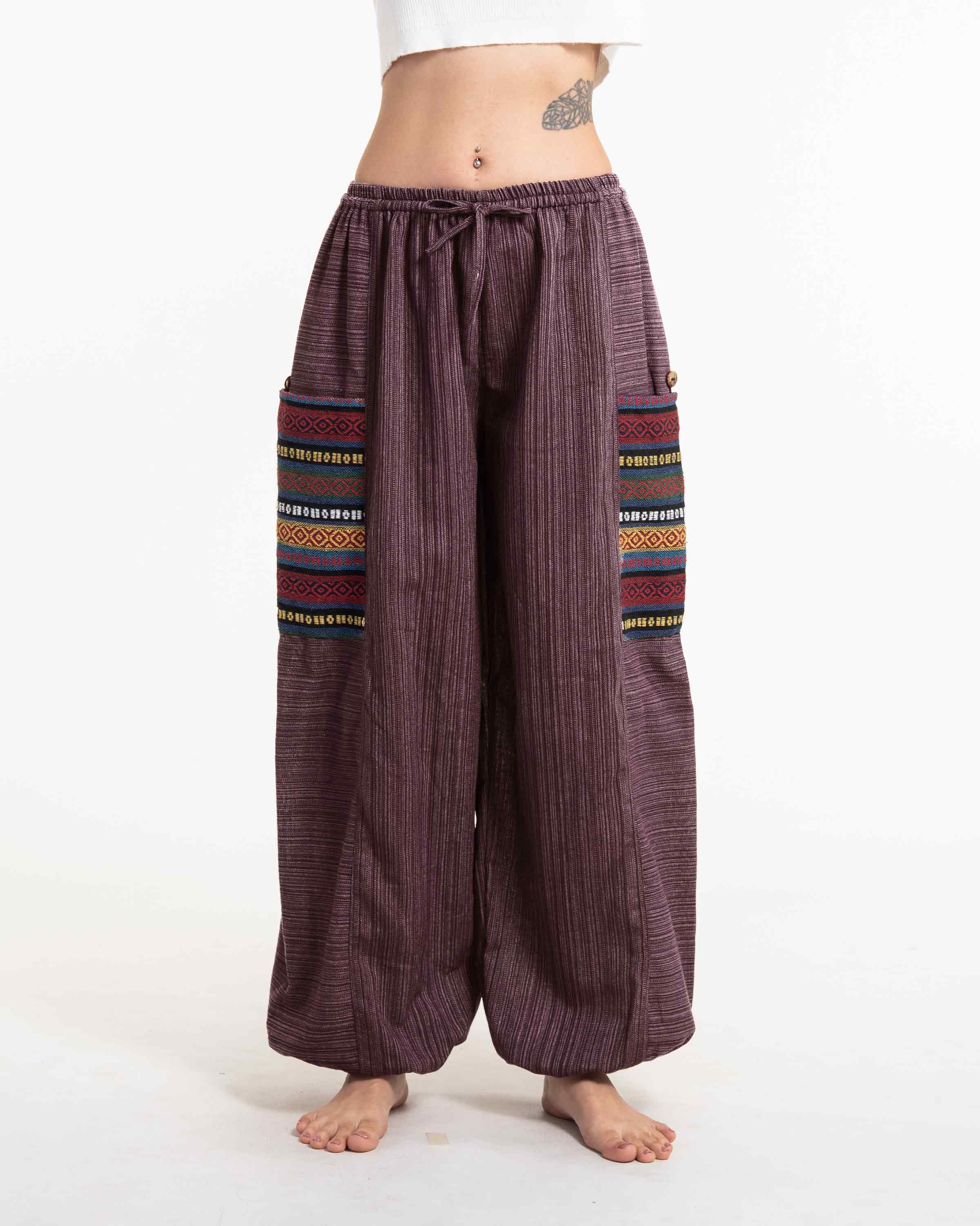 Women's Drawstring Pinstripes Cotton Pants with Aztec Pocket in Burgandy