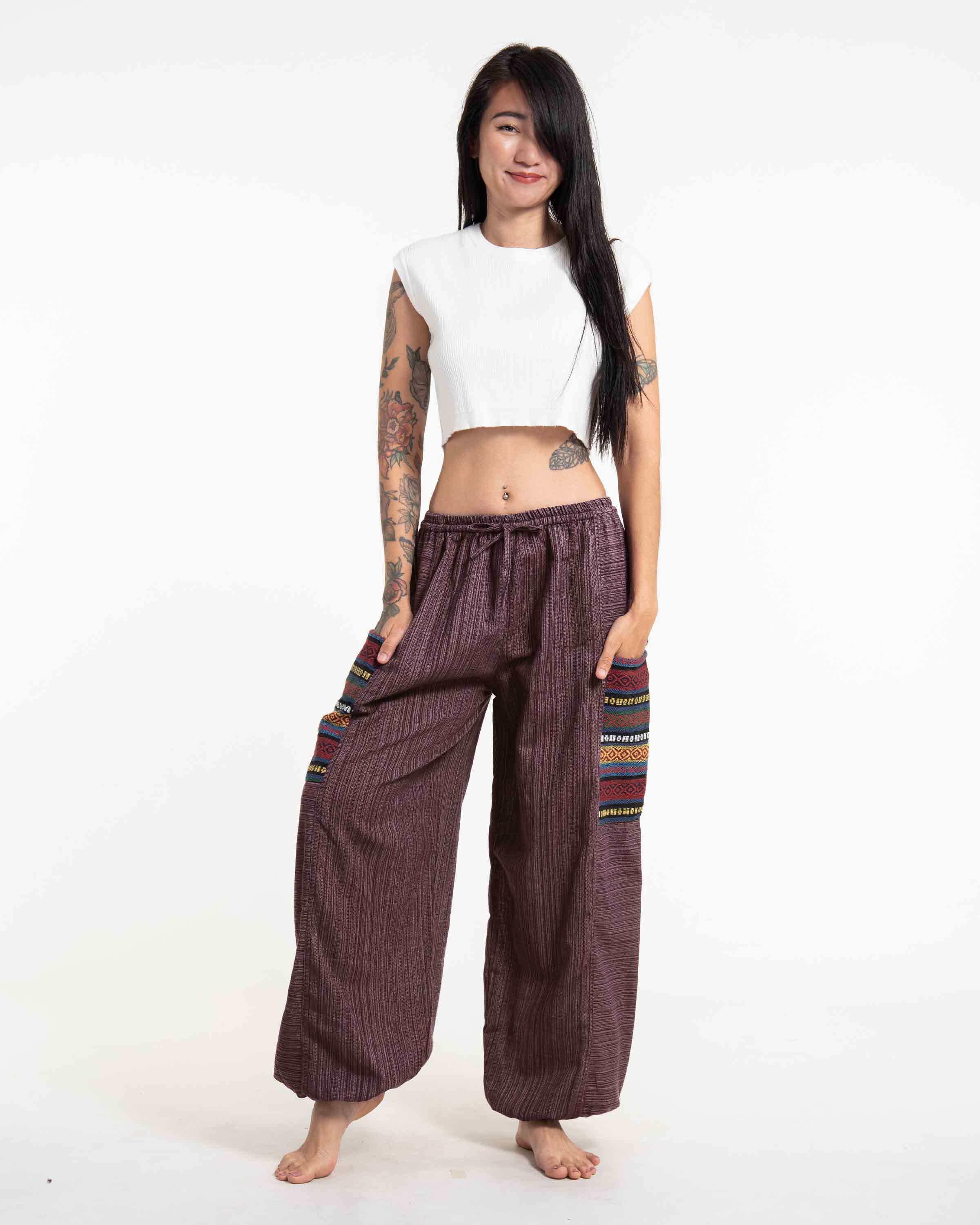 Women's Drawstring Pinstripes Cotton Pants with Aztec Pocket in Burgandy