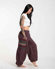 Women's Drawstring Pinstripes Cotton Pants with Aztec Pocket in Burgandy
