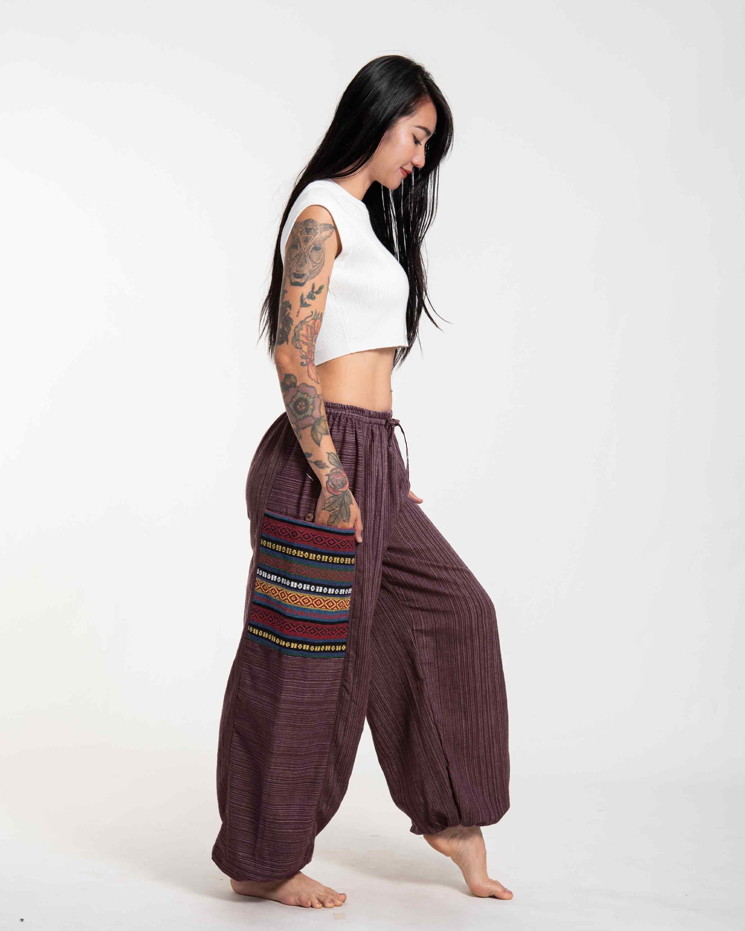 Women's Drawstring Pinstripes Cotton Pants with Aztec Pocket in Burgandy