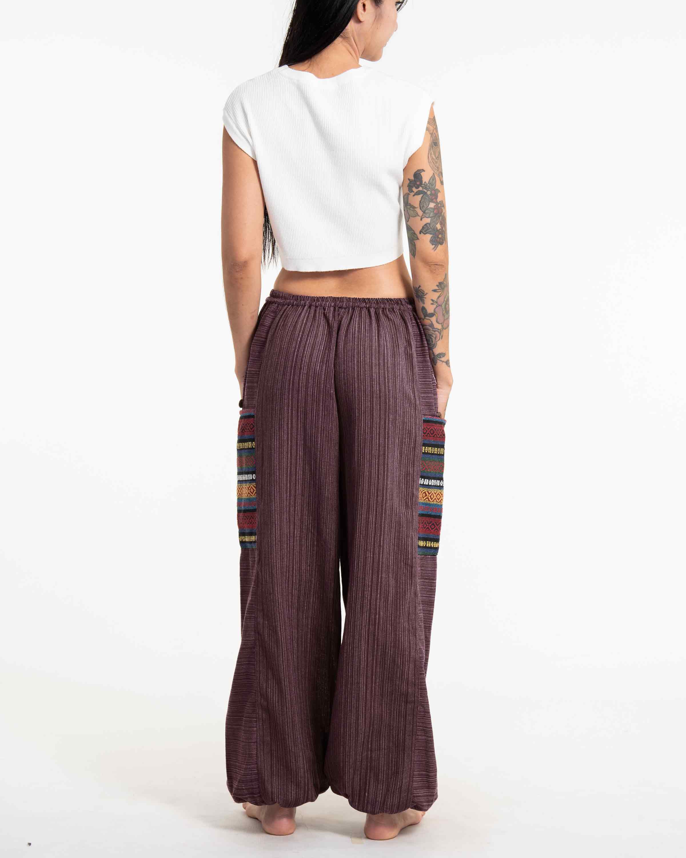 Women's Drawstring Pinstripes Cotton Pants with Aztec Pocket in Burgandy