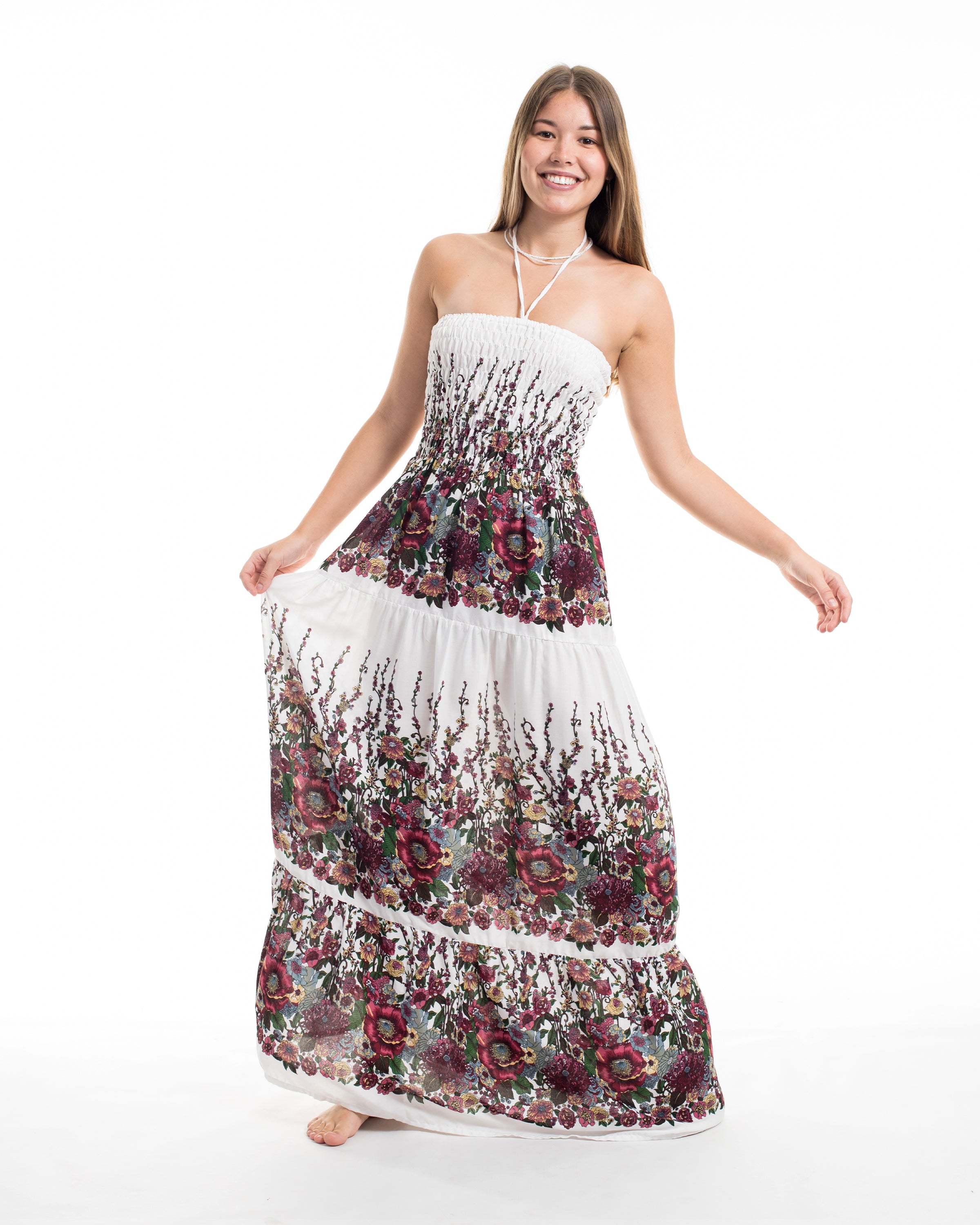 Floral Smocked Maxi Dress in White