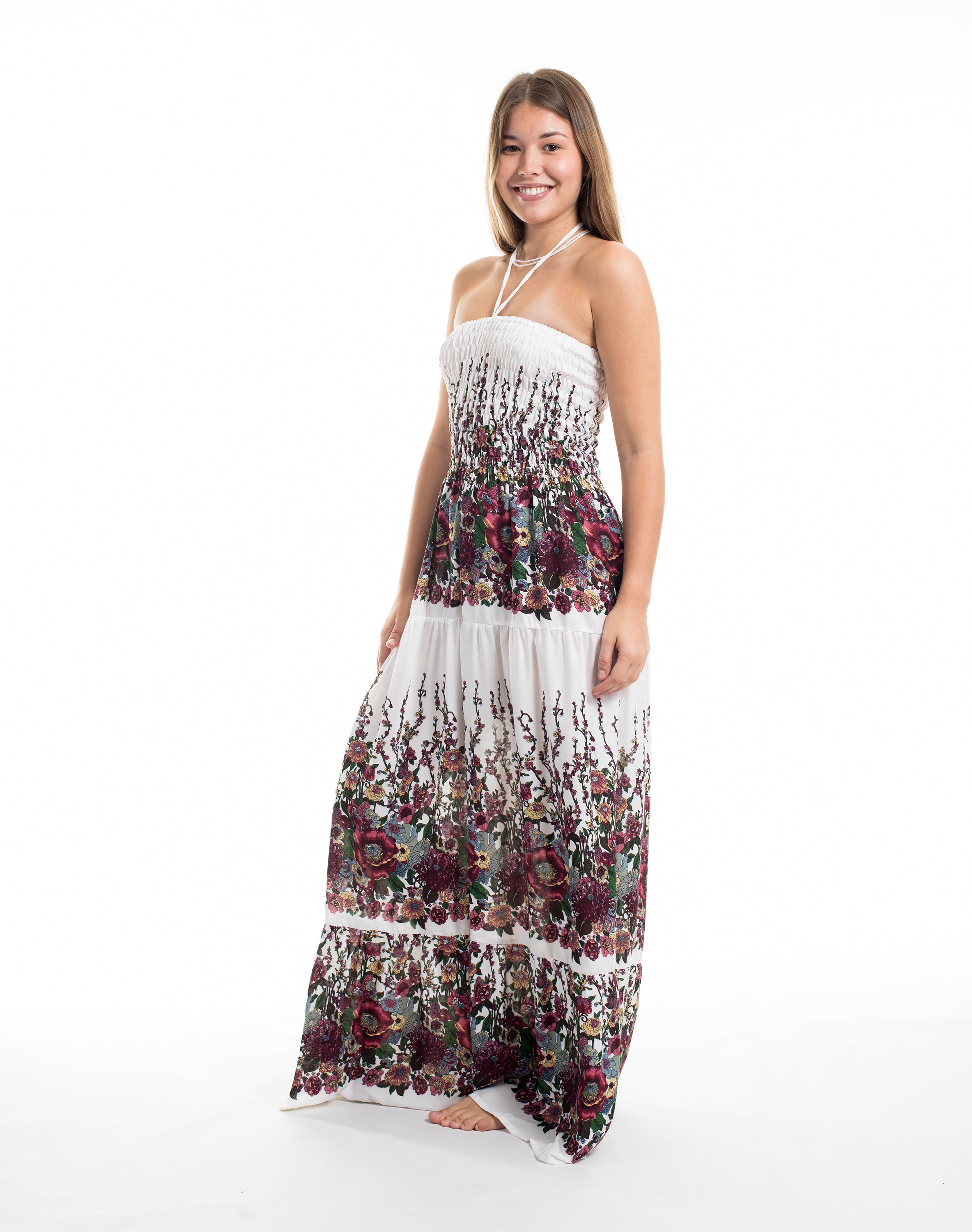 Floral Smocked Maxi Dress in White