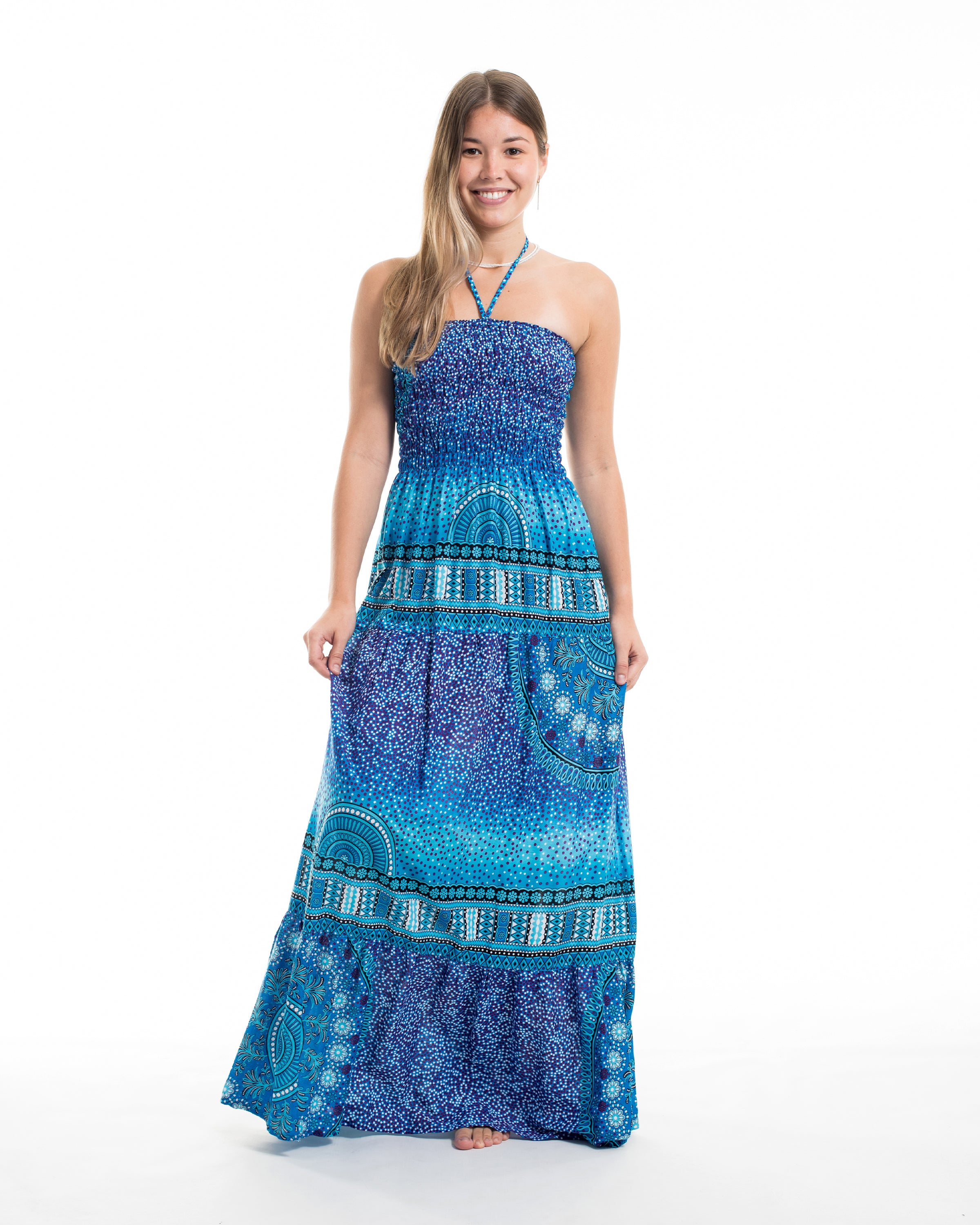 Tribal Chakras Smocked Maxi Dress in Blue
