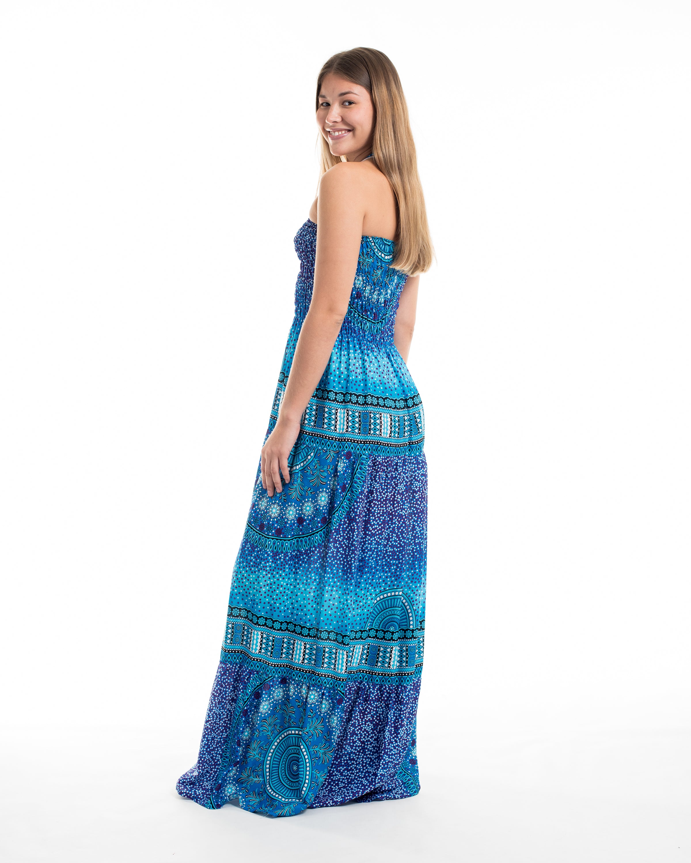 Tribal Chakras Smocked Maxi Dress in Blue