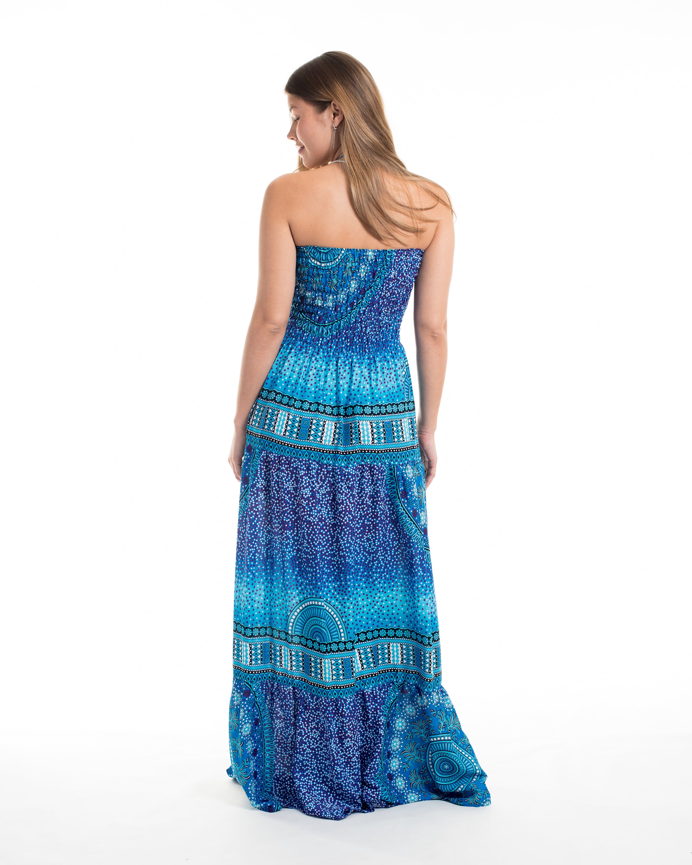 Tribal Chakras Smocked Maxi Dress in Blue