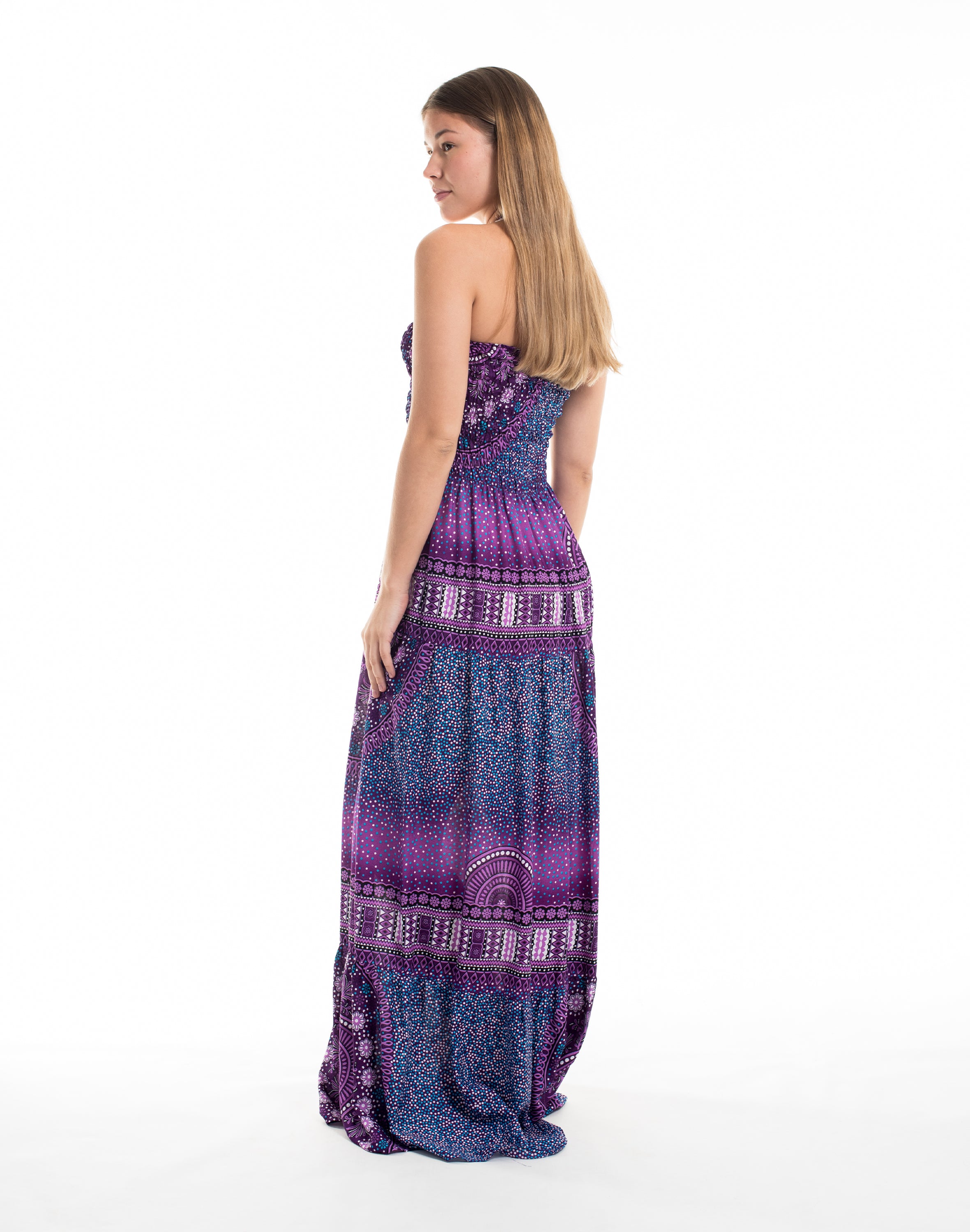 Tribal Chakras Smocked Maxi Dress in Purple