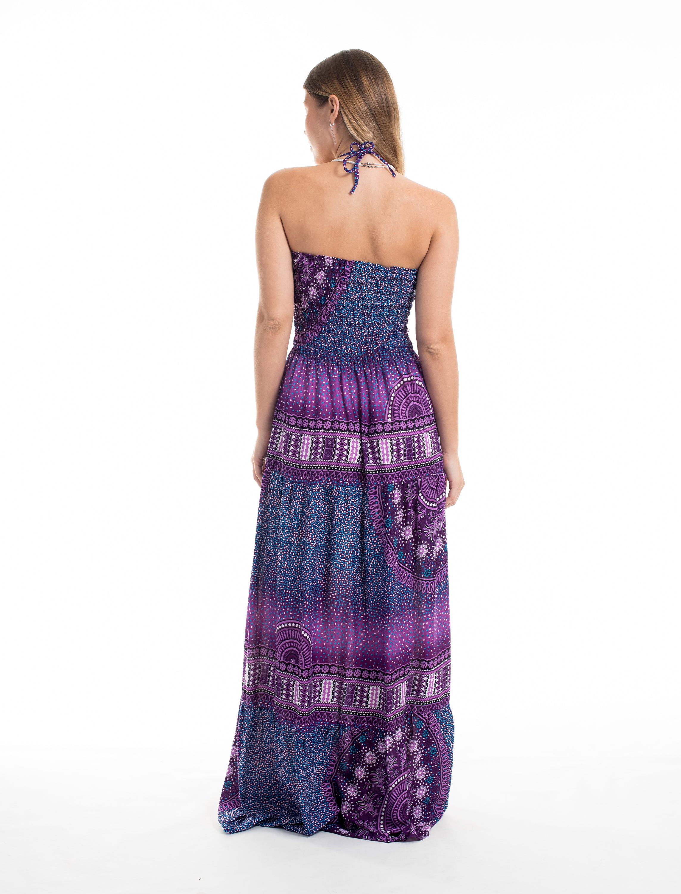 Tribal Chakras Smocked Maxi Dress in Purple