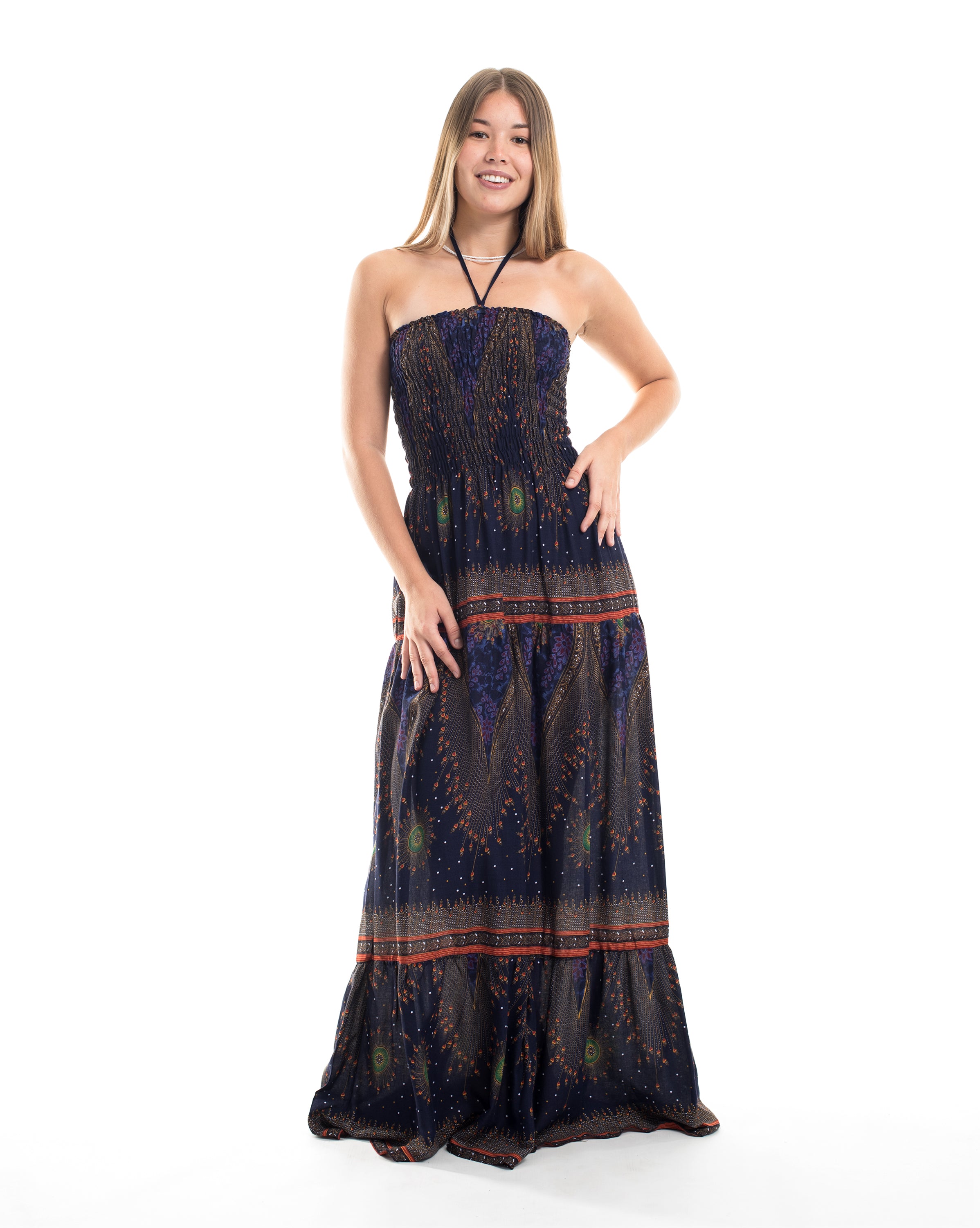 Peacock Eye Smocked Maxi Dress in Navy