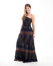 Peacock Eye Smocked Maxi Dress in Navy
