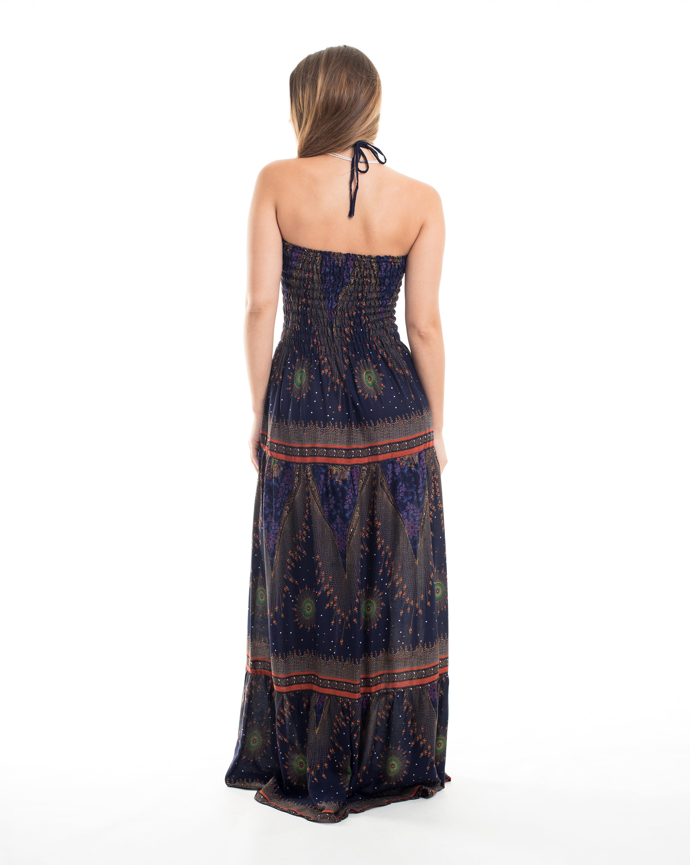 Peacock Eye Smocked Maxi Dress in Navy