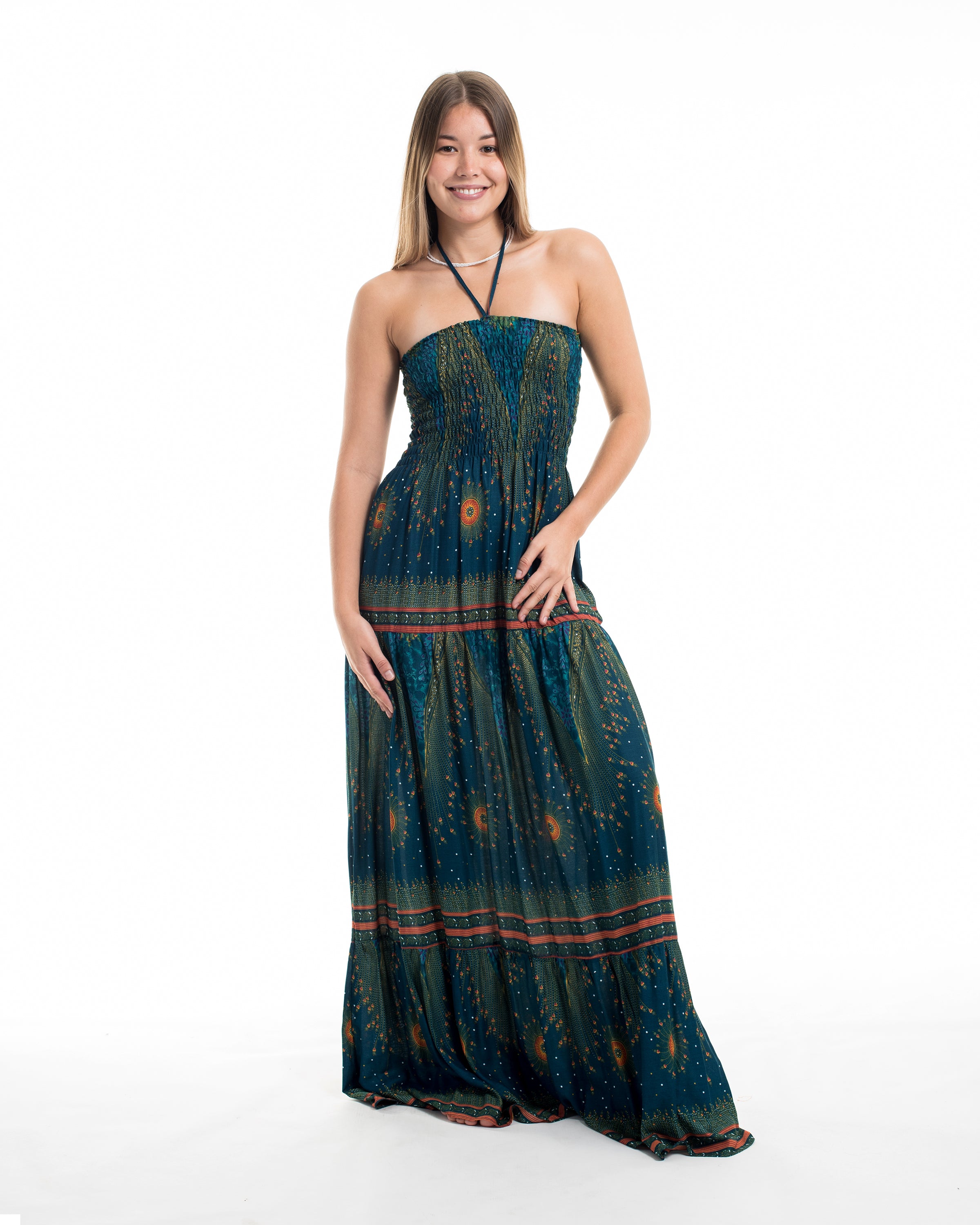 Peacock Eye Smocked Maxi Dress in Turquoise