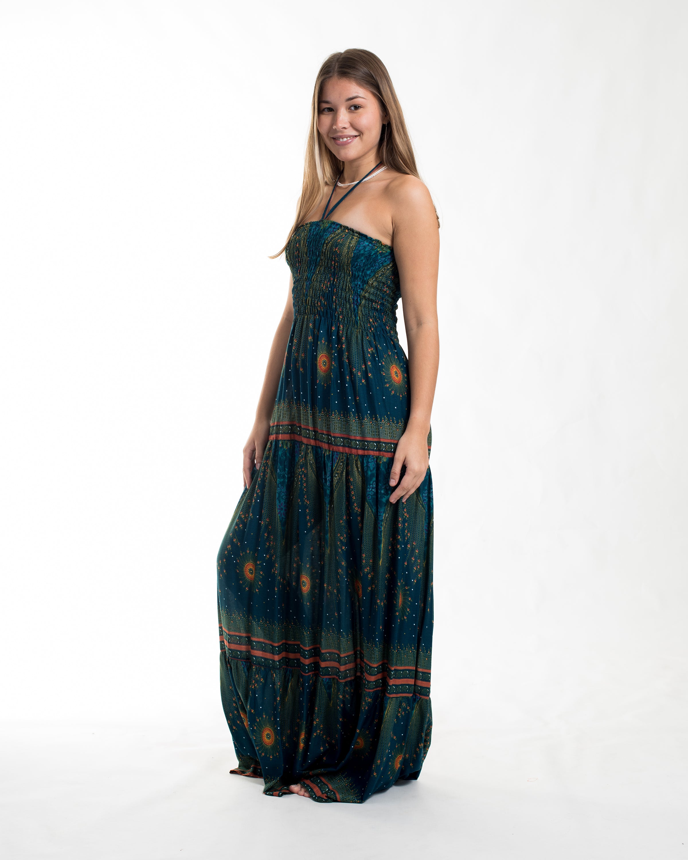 Peacock Eye Smocked Maxi Dress in Turquoise