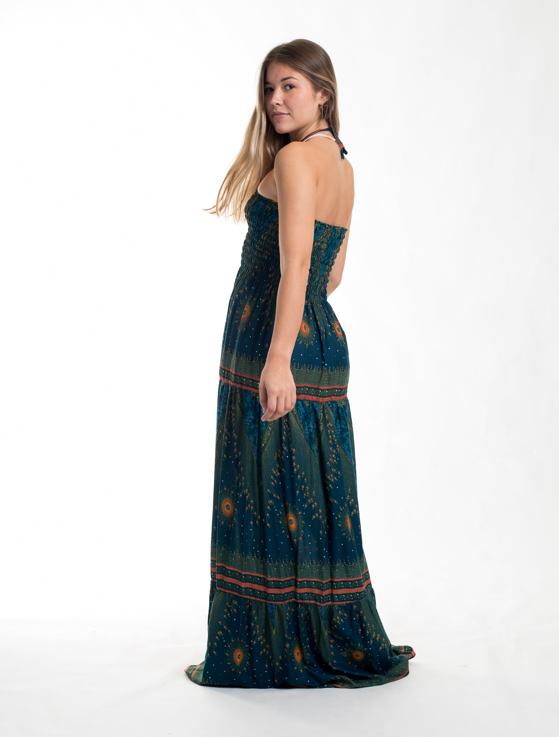 Peacock Eye Smocked Maxi Dress in Turquoise