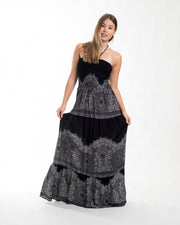 Floral Mandalas Smocked Maxi Dress in Black