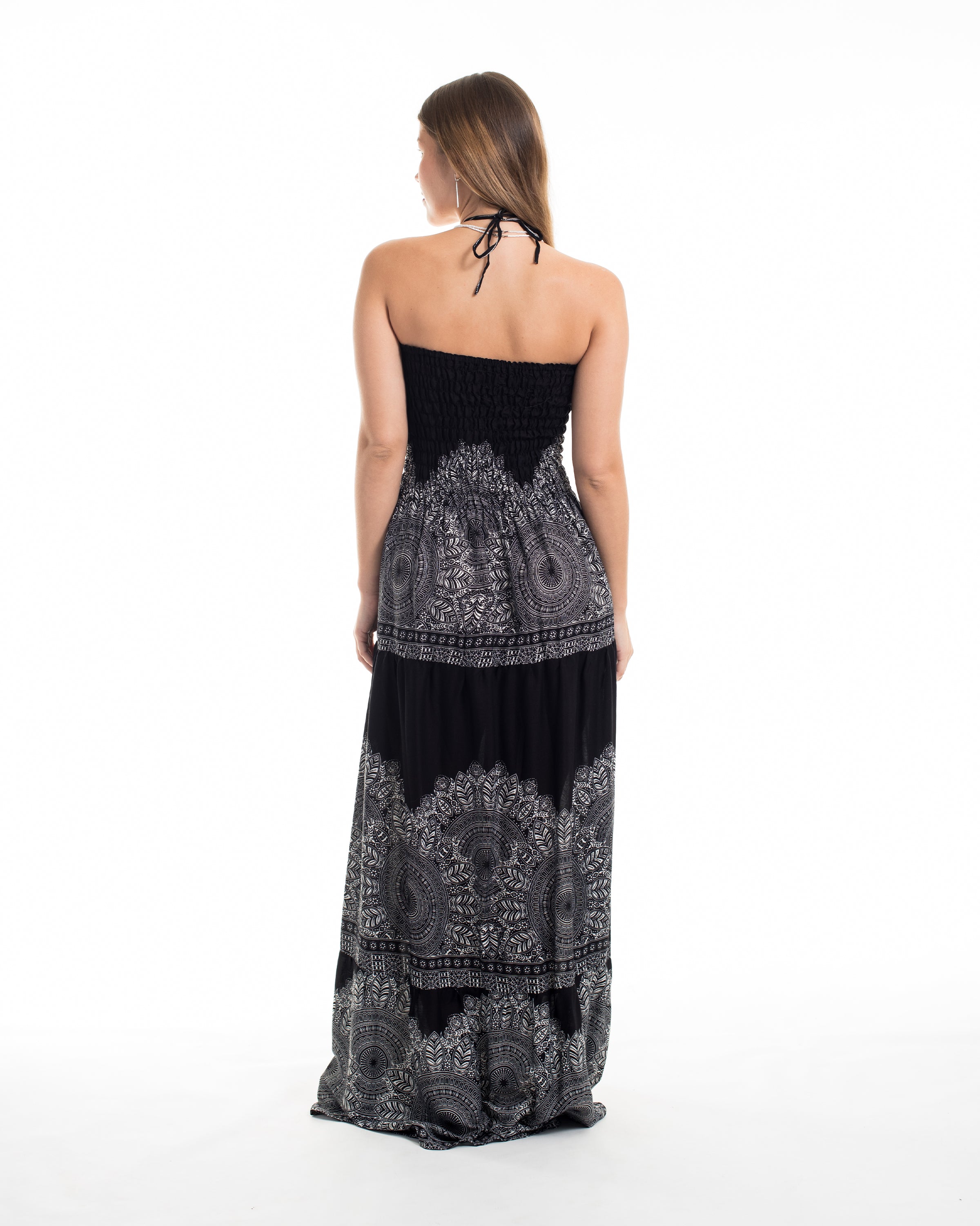 Floral Mandalas Smocked Maxi Dress in Black