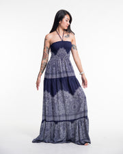 Floral Mandalas Smocked Maxi Dress in Blue