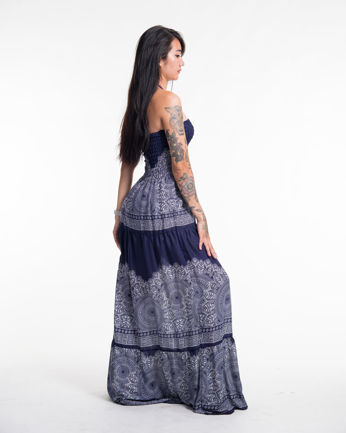 Floral Mandalas Smocked Maxi Dress in Blue