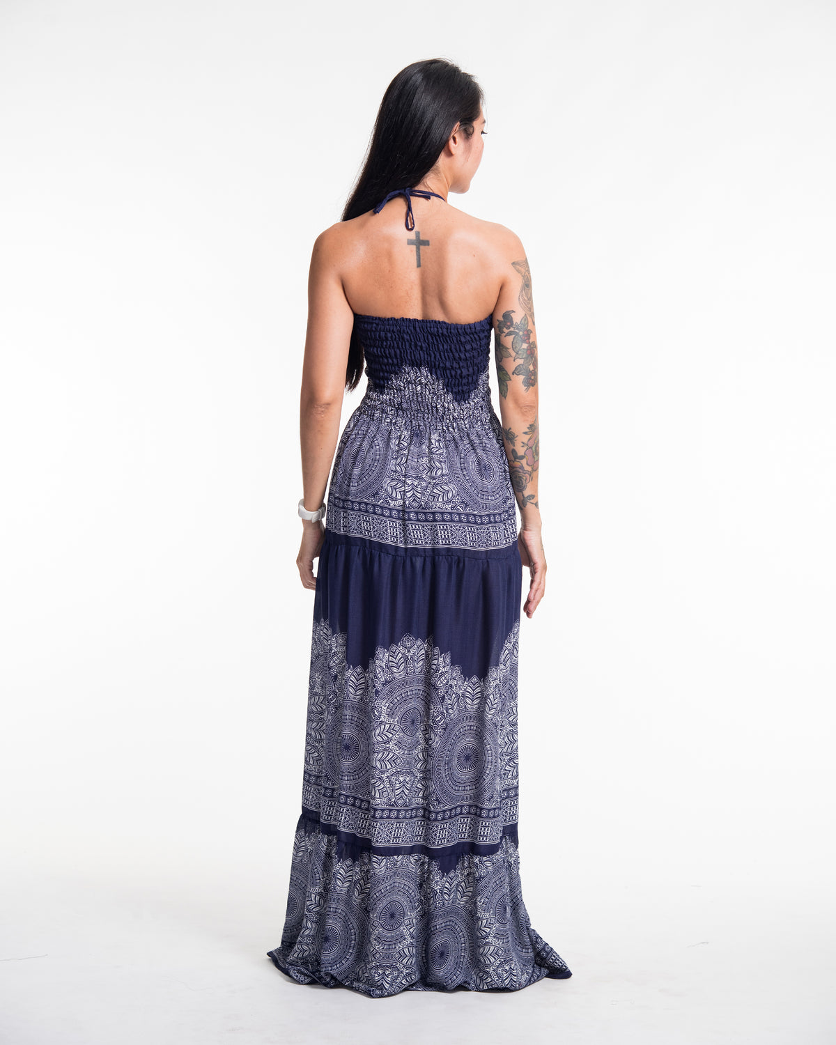 Floral Mandalas Smocked Maxi Dress in Blue