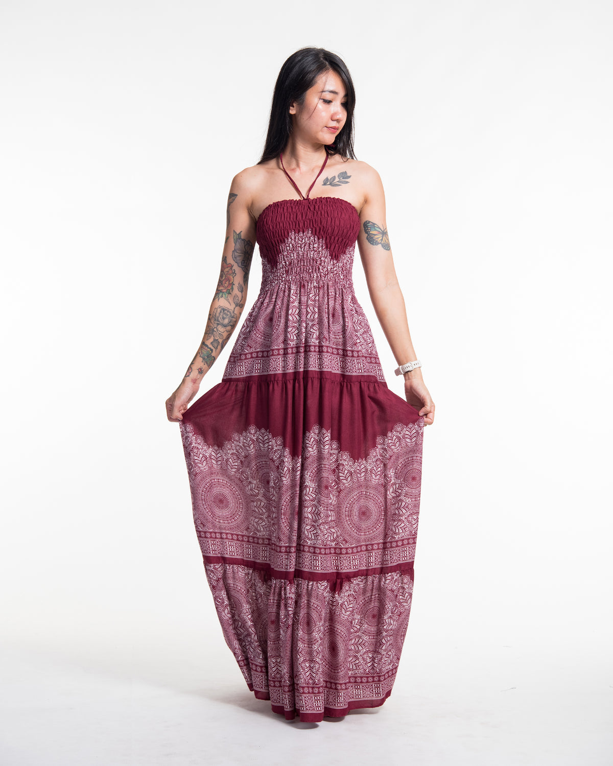 Floral Mandalas Smocked Maxi Dress in Red