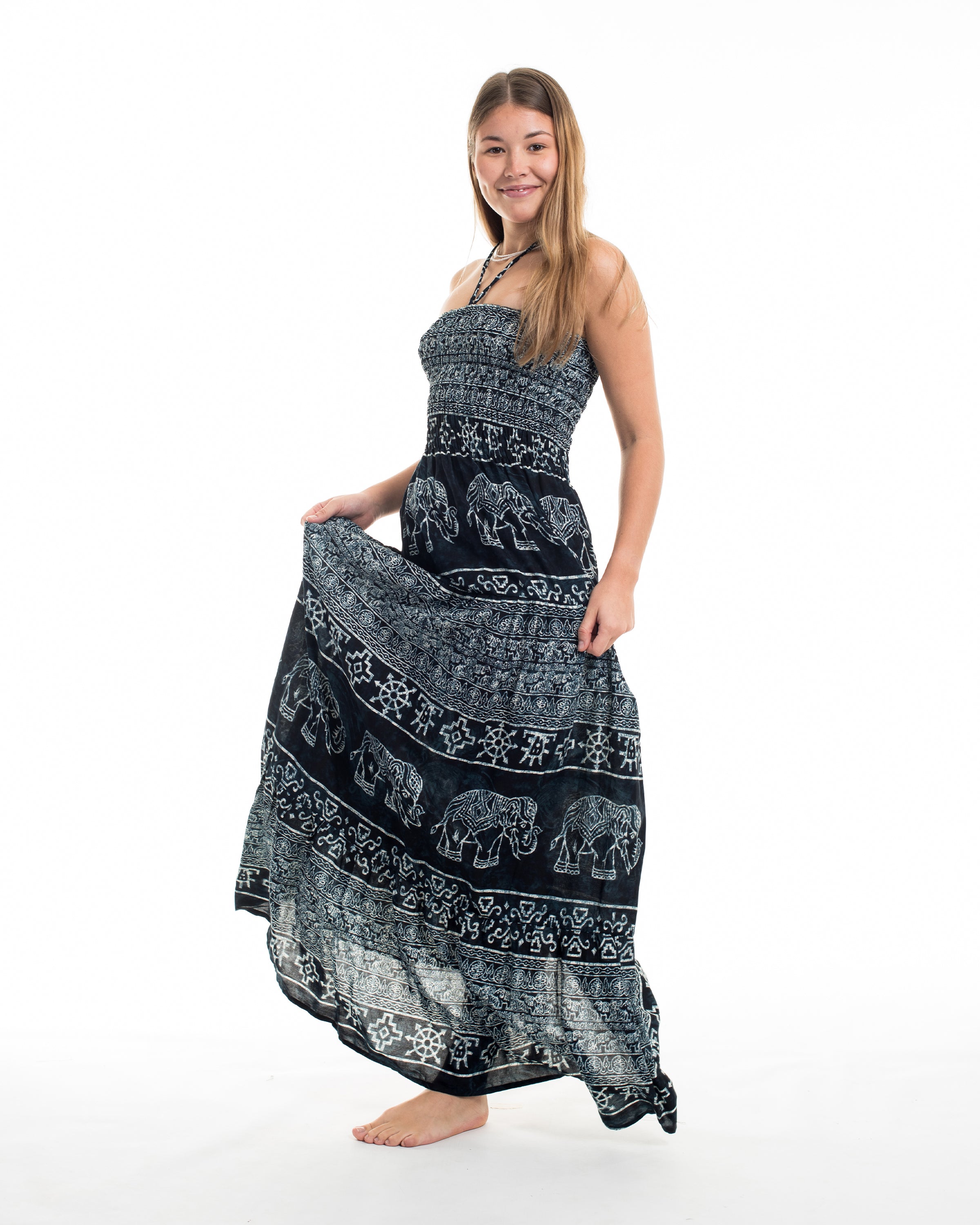 Marble Elephant Smocked Maxi Dress in Black
