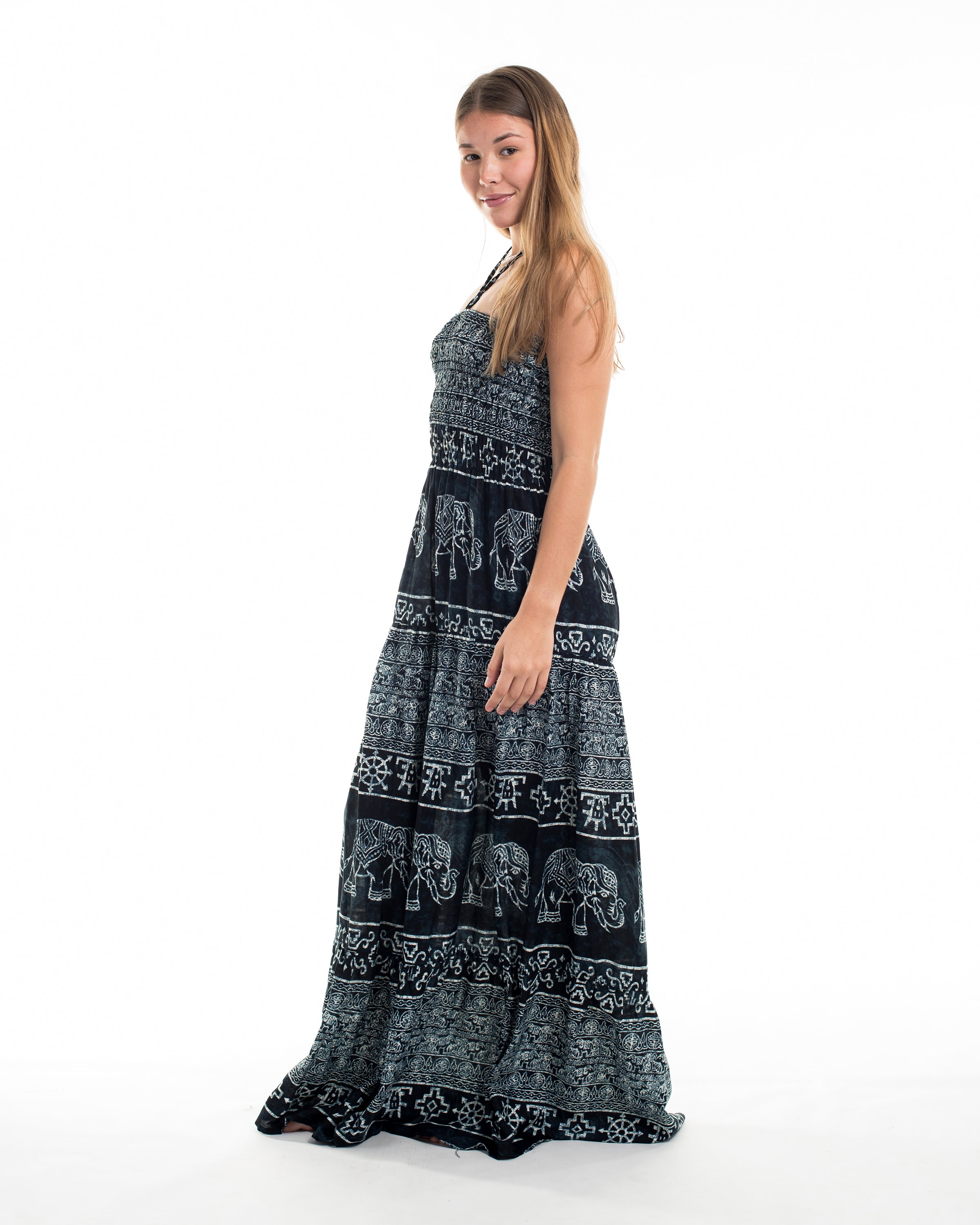 Marble Elephant Smocked Maxi Dress in Black