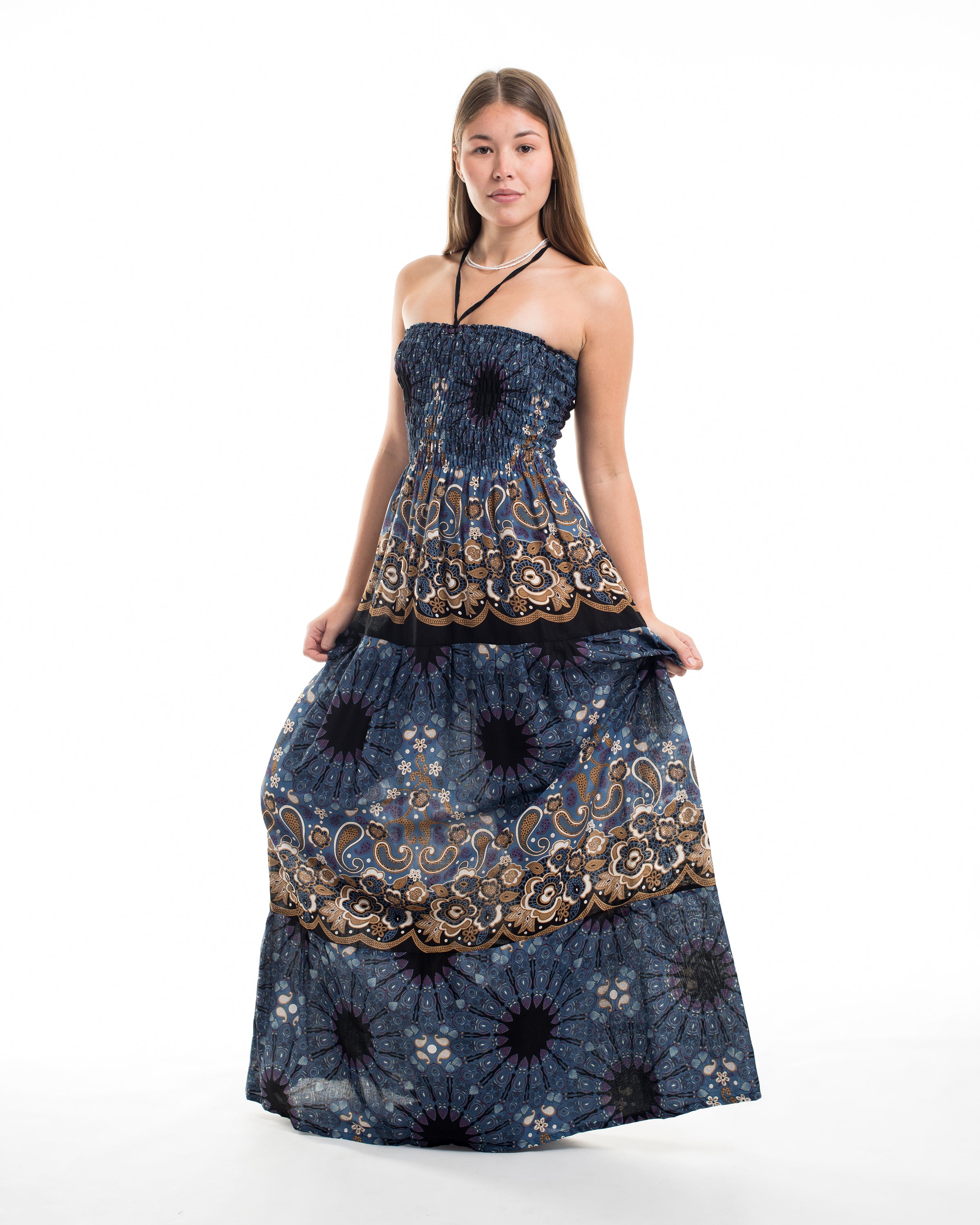 Paisley Mandalas Smocked Maxi Dress in Blue Gray