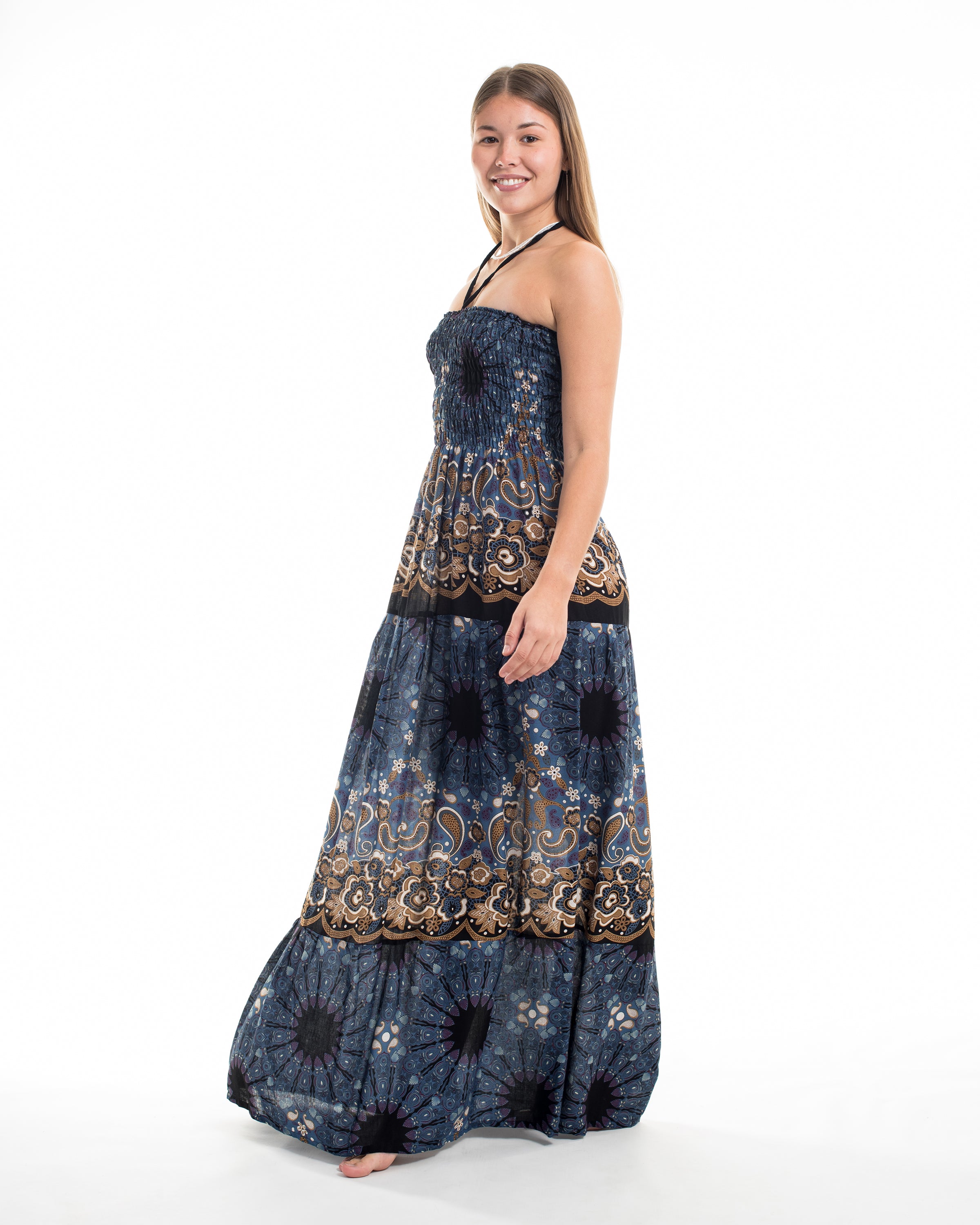 Paisley Mandalas Smocked Maxi Dress in Blue Gray