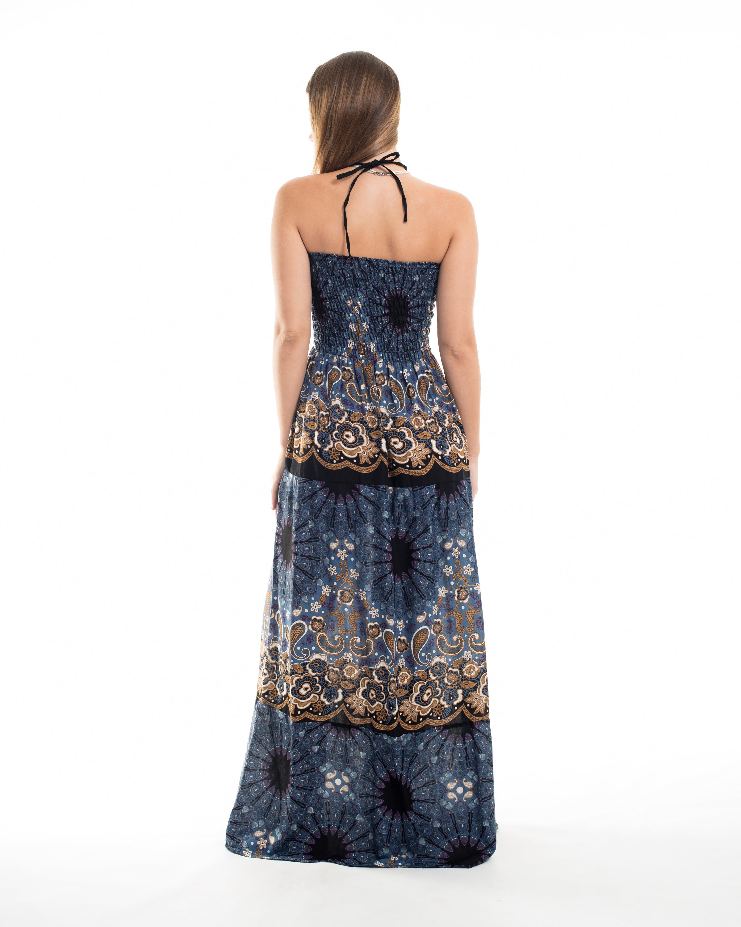 Paisley Mandalas Smocked Maxi Dress in Blue Gray