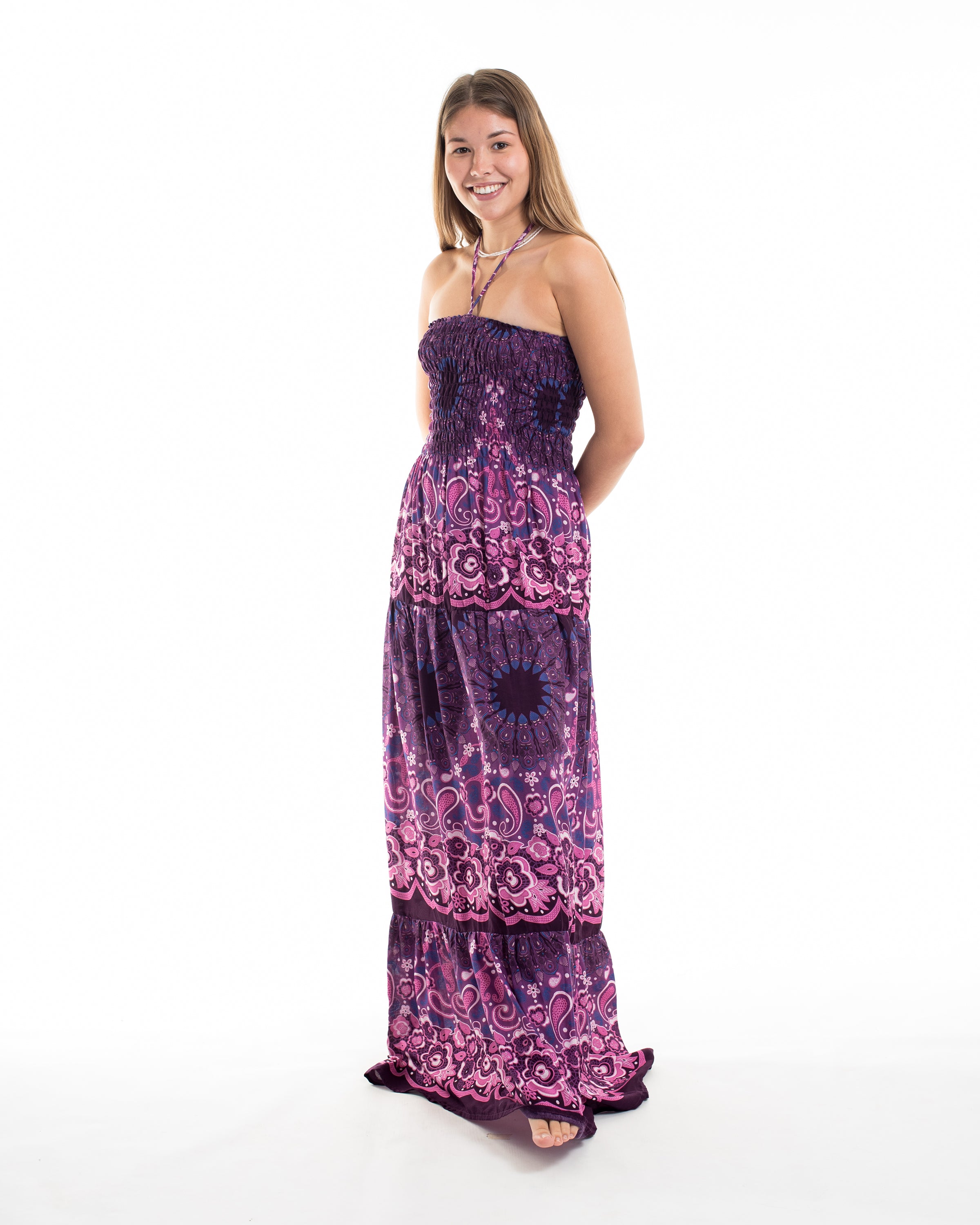 Paisley Mandalas Smocked Maxi Dress in Purple