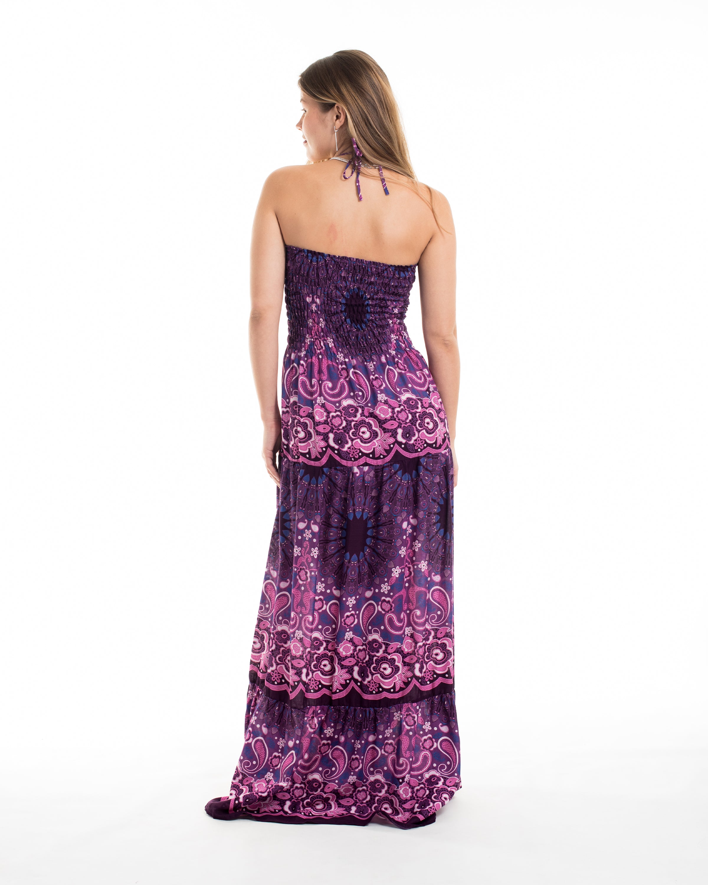 Paisley Mandalas Smocked Maxi Dress in Purple