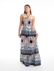 Paisley Mandalas Smocked Maxi Dress in Silver Gray
